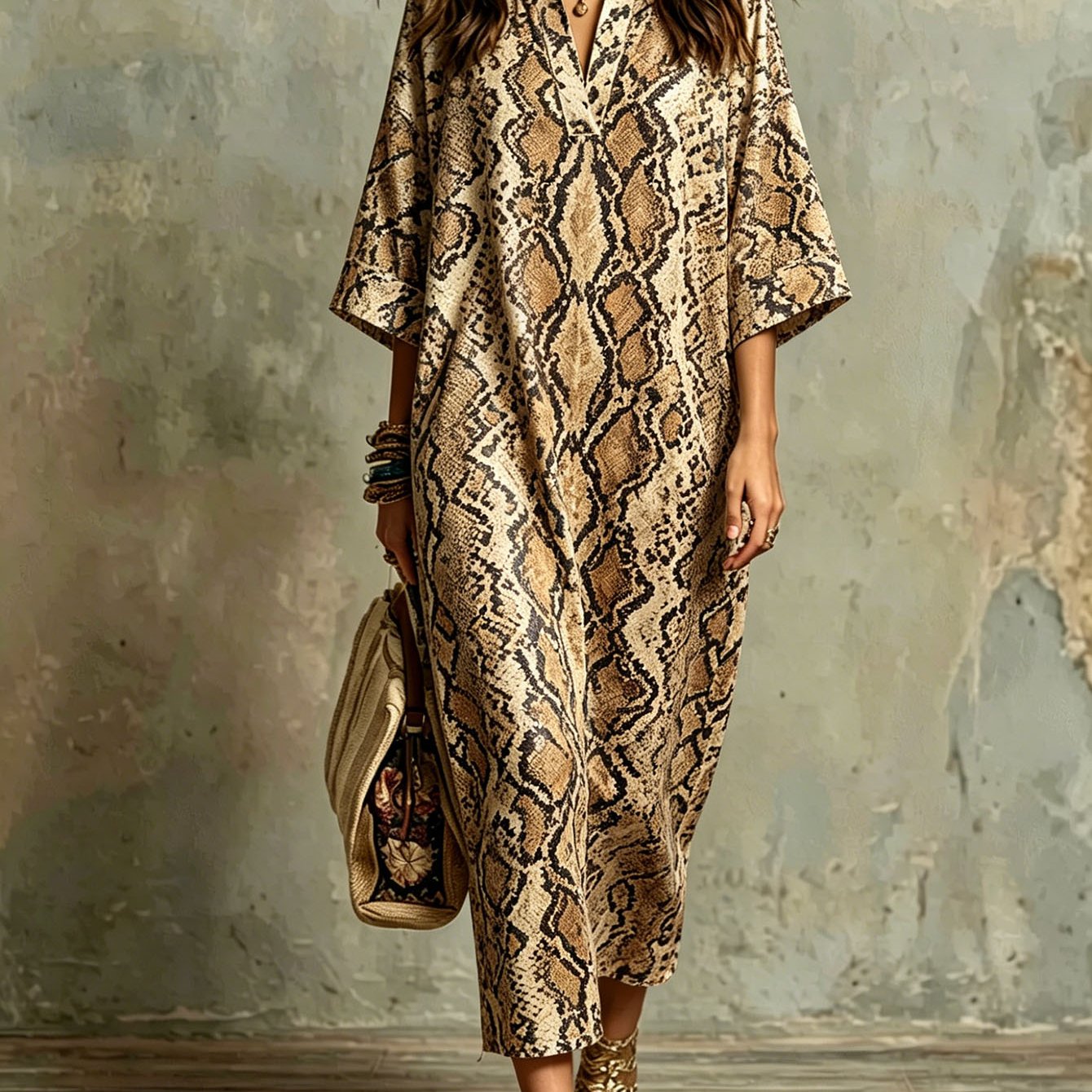 Image of Plus Size, New Arrival Retro Simulated Snake Texture All Lapel Womens Shirt Dress Outdoor Street Outfit Fashion Versatile Designer Long Dress