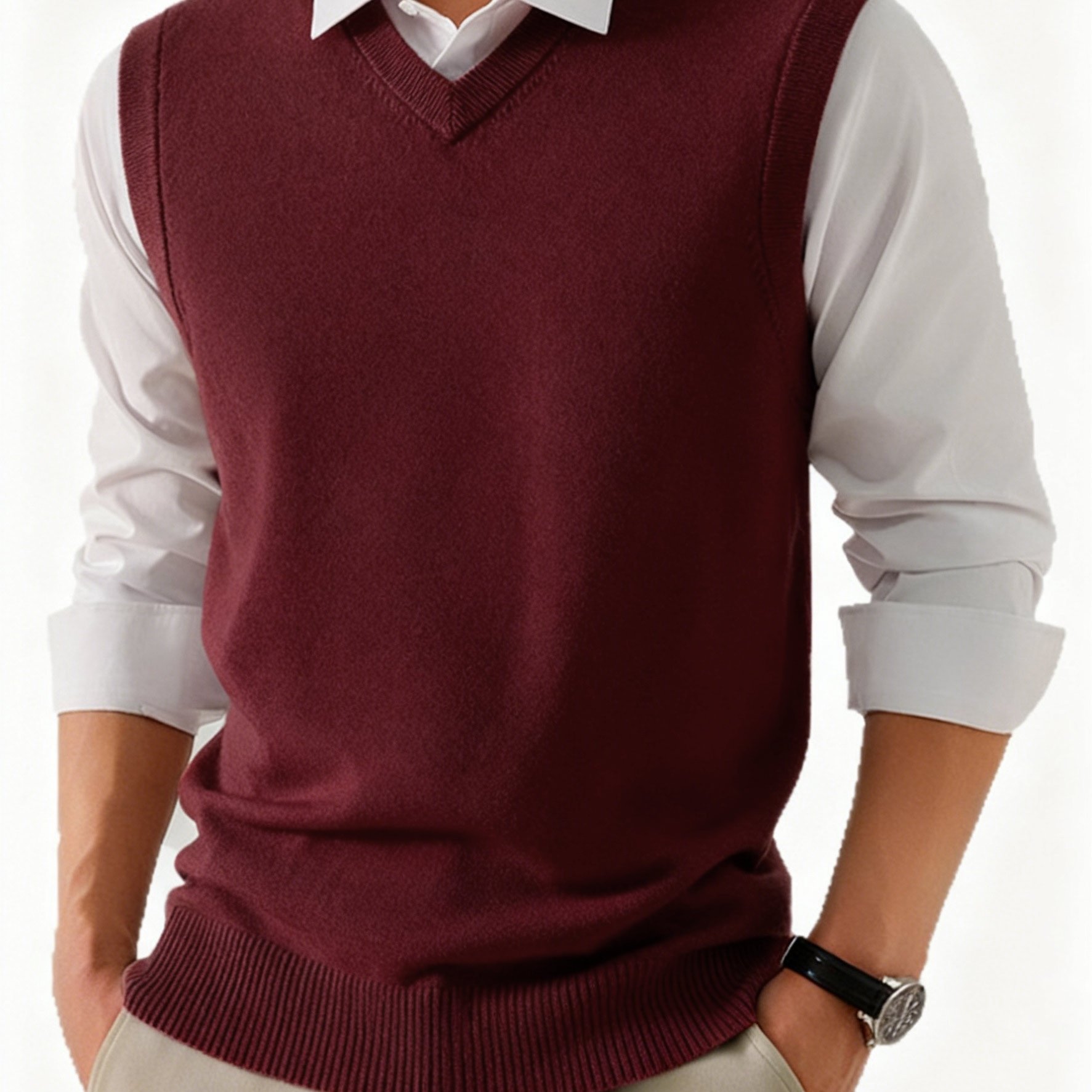 TEMU Chaleco de punto para hombre de /otoño, color liso y cuello en V, diseño sin de corte versátil, de punto casual ideal sobre camisas o camisetas,