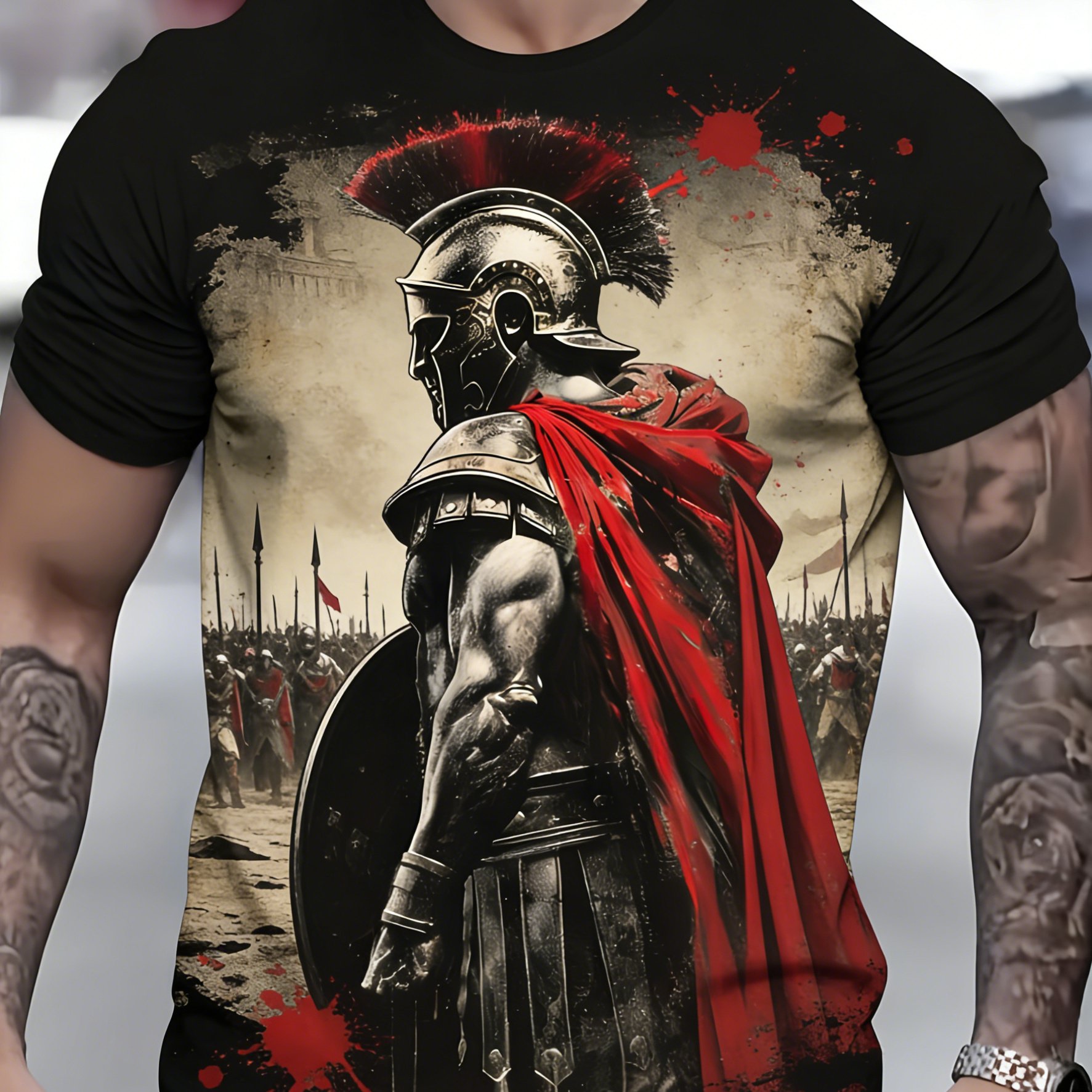 TEMU Printed Design â Not Textured/embroidery/sequins. Men's Short-sleeve T-shirt With A Realistic Roman Warrior Armor Pattern, Suitable For Vintage
