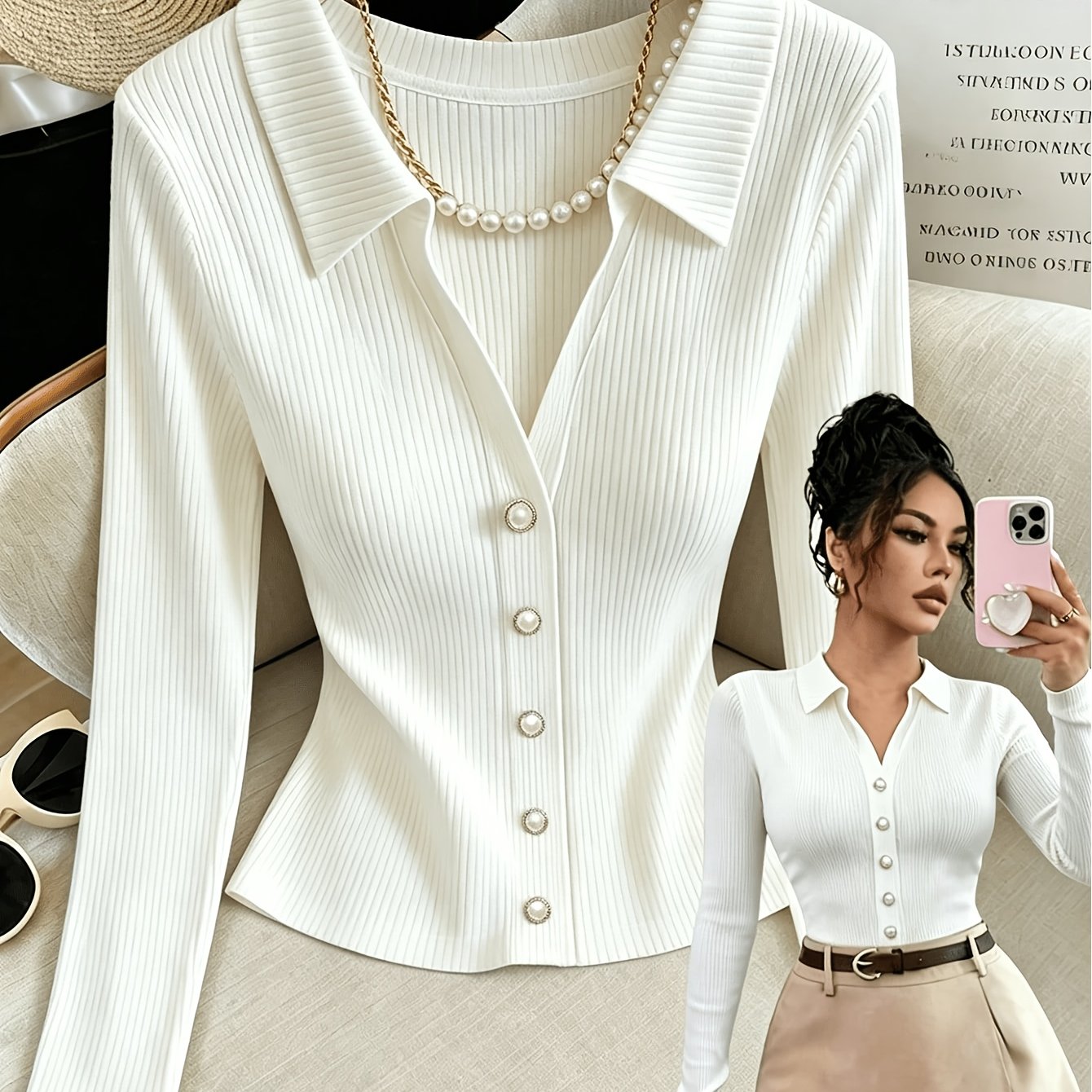 TEMU Damen Pullover, Pendler Slim V-Ausschnitt Herbst Langarm Temperament Vielseitiges Oberteil