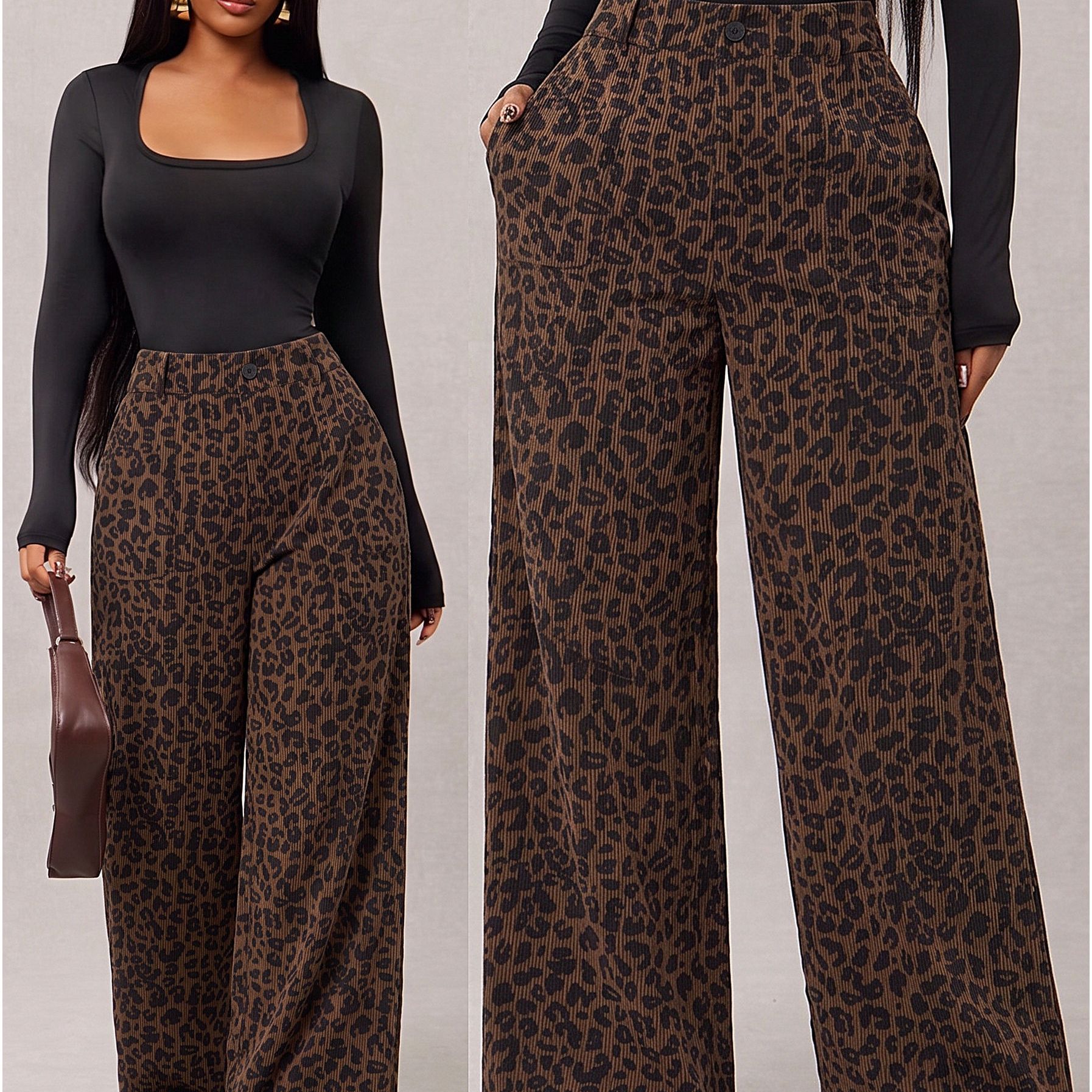 TEMU Women's Leopard Print Wide-leg Pants, Fall Winter Trousers, Office Casual, Vacation, Back To, Casual Elegant, Versatile