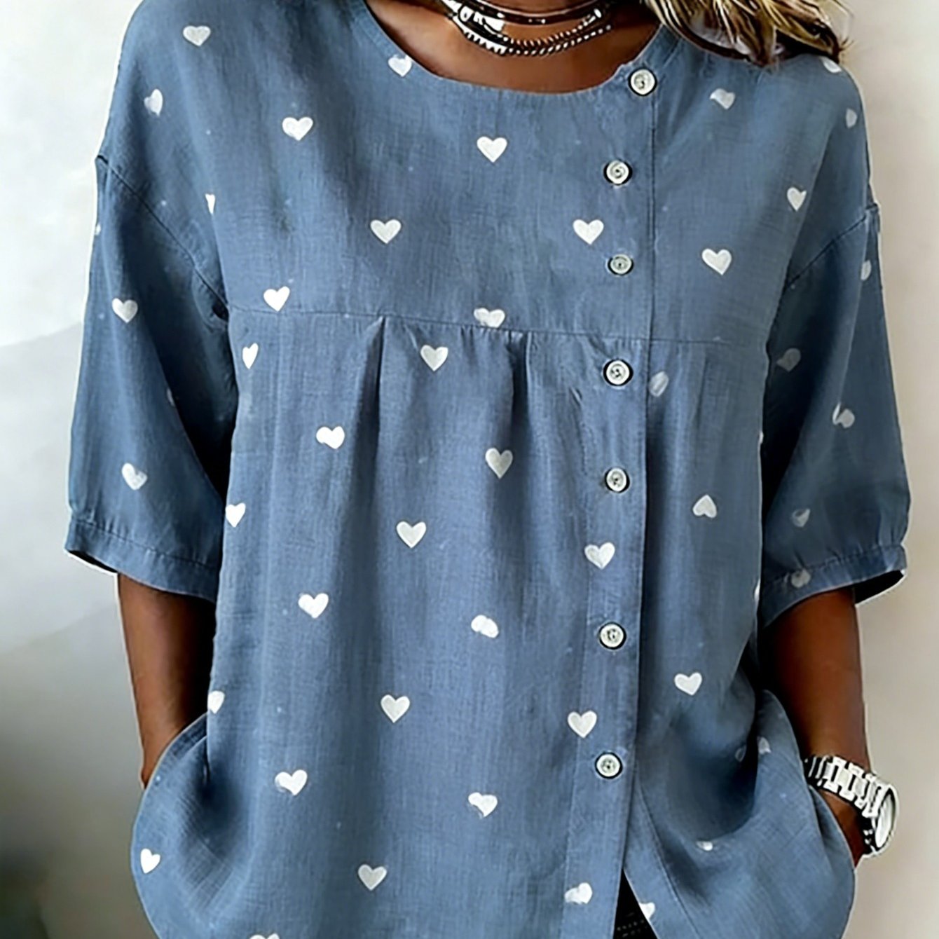 Plus Size, Heart Style Women's Front Button- Top, Simple And Elegant, Suitable For , Suitable For Casual To Semi-formal Settings, Soft Fabric, Heart-shaped Pattern, Suitable As A Gift For Her, Mother