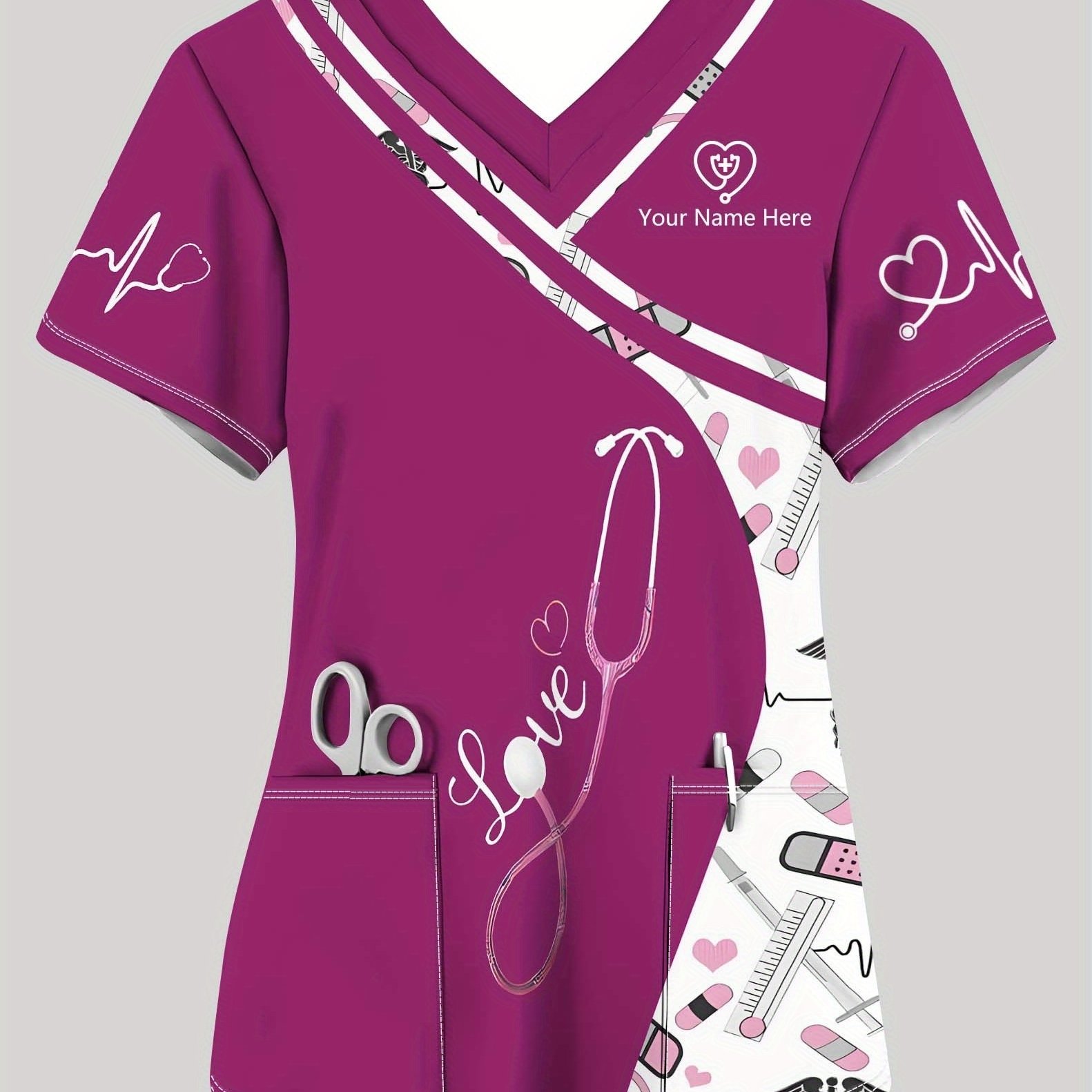 E-shop Damen Pflegeuniform mit individuellem Namen/Titel – Kurzarmhemd mit Druck (Stethoskop & V-Symbole), atmungsaktive Tunic mit für medizinisches