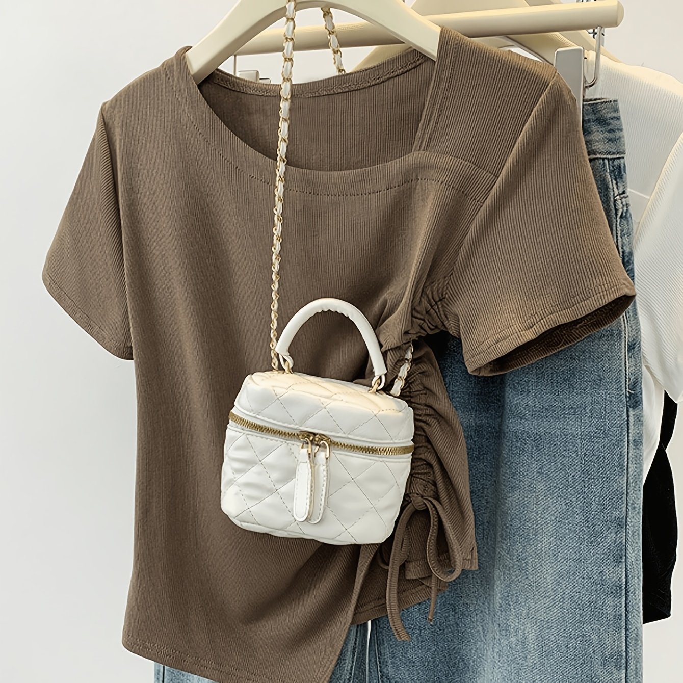 TEMU Damen Sommer Minimalistisches Unregelmäßiges Kurzarm T-Shirt mit Kordelzug, Lässiges Einfarbiges Oberteil