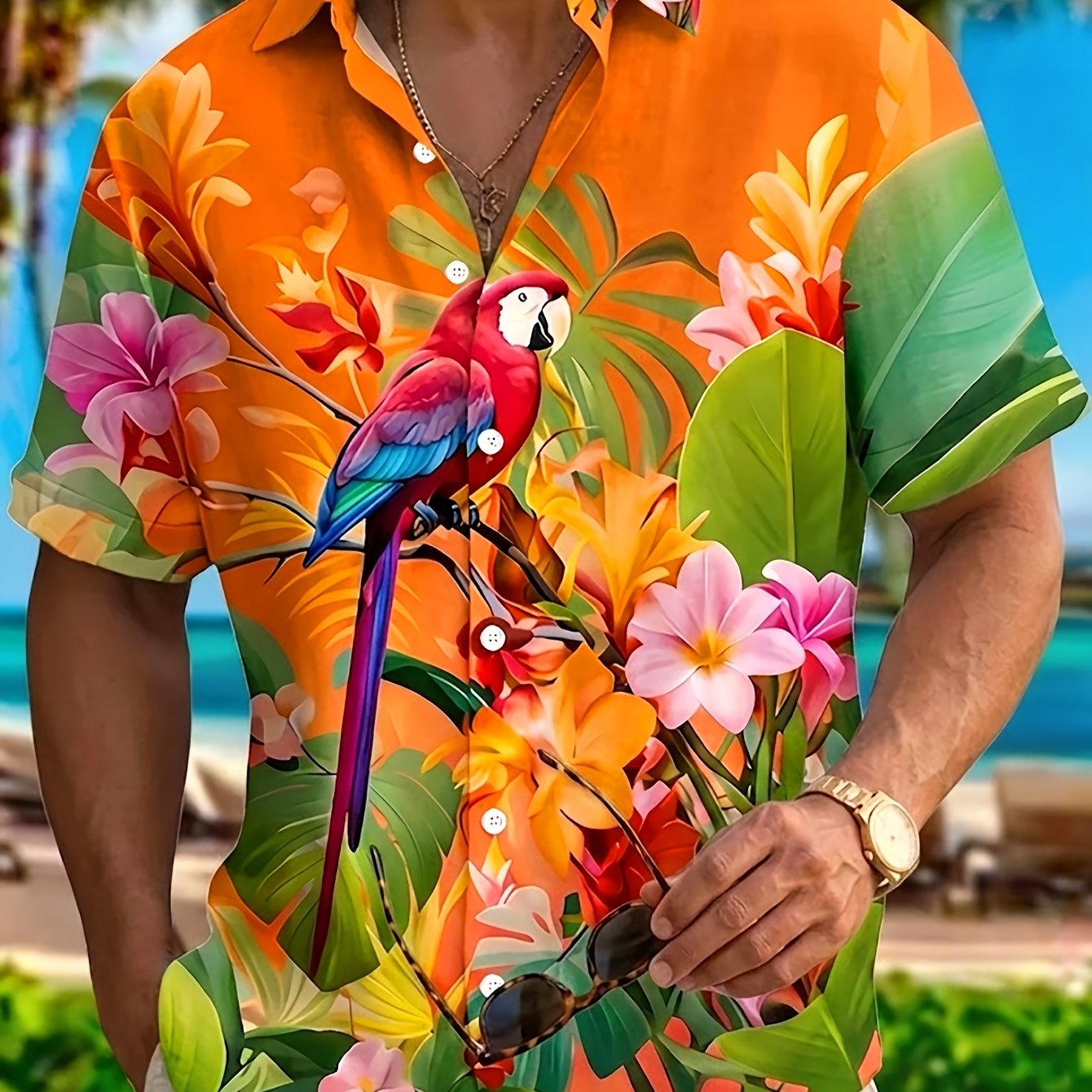 TEMU Hawaiian Parrot Tropical Floral Print Men's Button- Short Sleeve Shirt, Plus Size