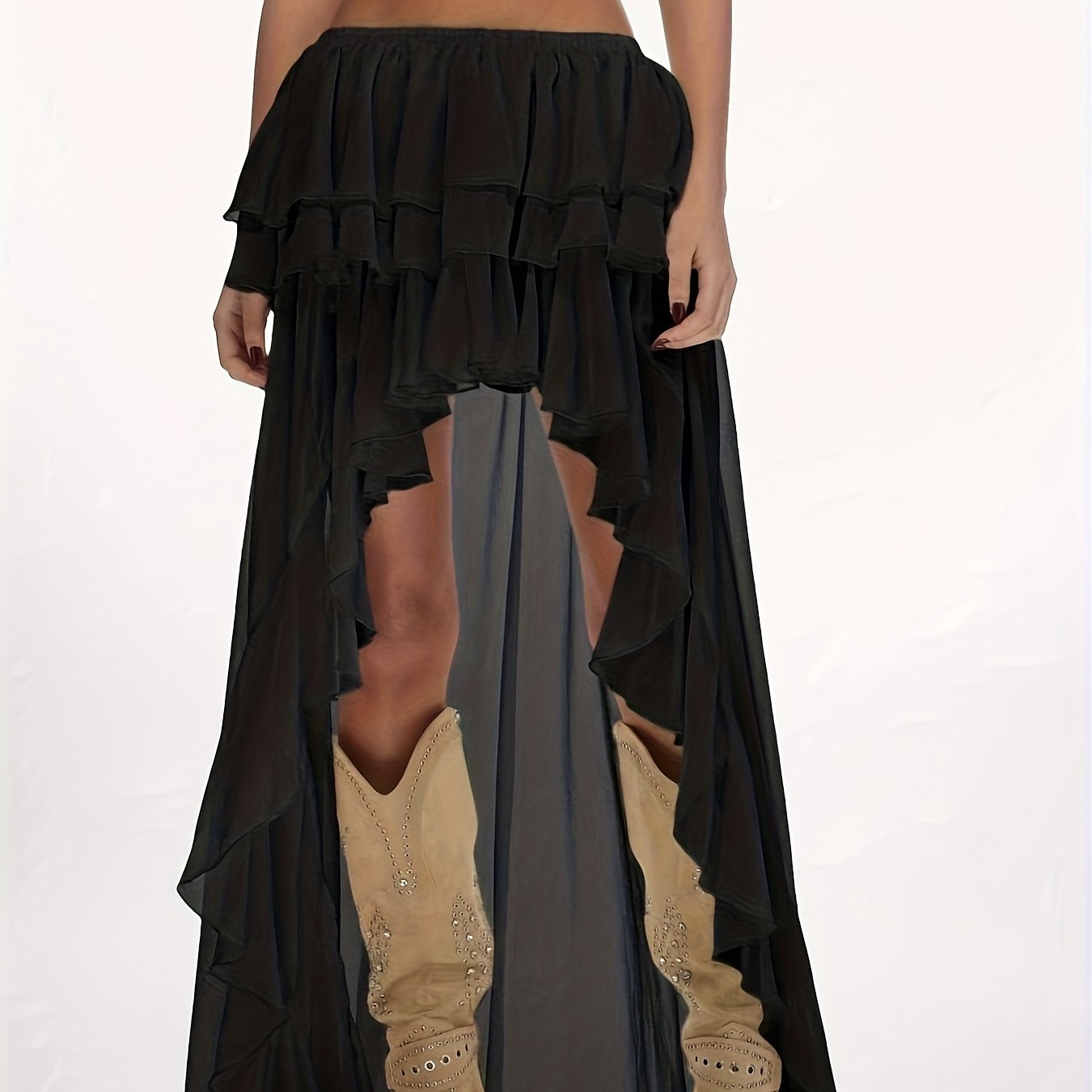 E-shop Langkleid mit Wasserfallsaum, gestuften Rüschen für Festivals, im Bohemian-Stil, für Western-Tanzauftritte, asymmetrische, lange, fließende
