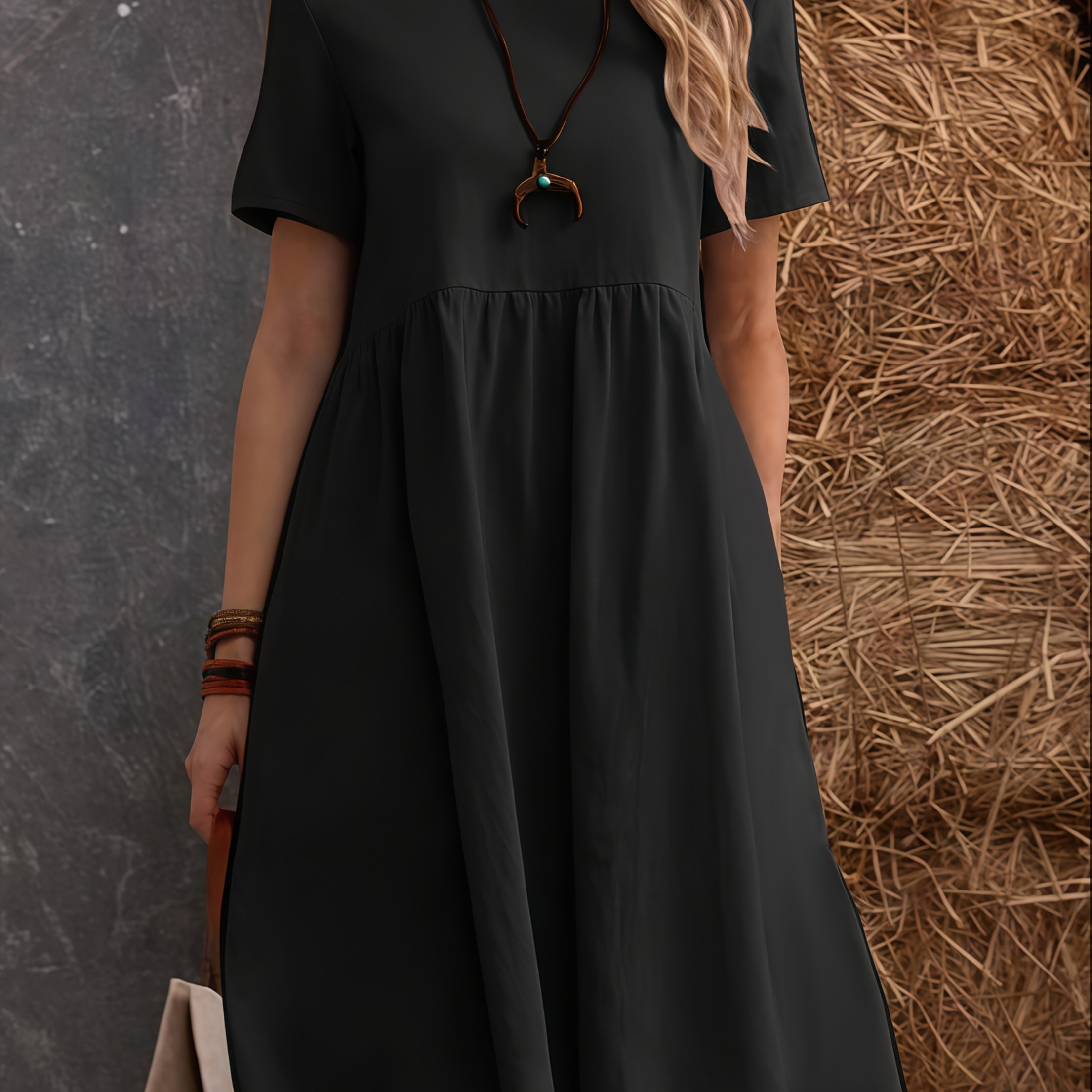 E-shop Neuer europäischer amerikanischer Stil Damenmode Plissiertes Uni-Farben Rundhals Casual Kleid, Damen Frühjahr/Sommer Kleidung