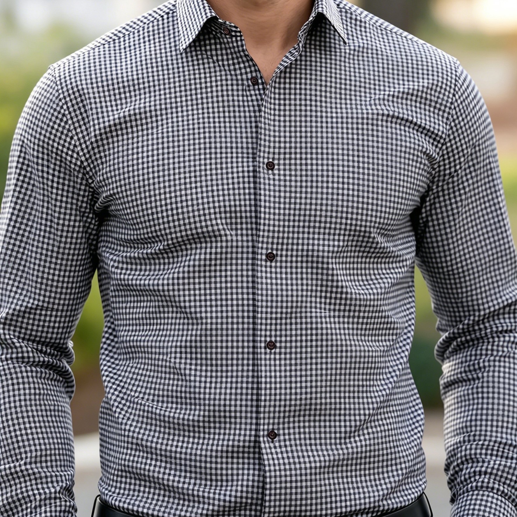 TEMU Business Black And White Gingham 100 Polyester Stretch Woven Mens Long Sleeve Button Shirt Shirt Wrinkle Resistant For All Season Wear