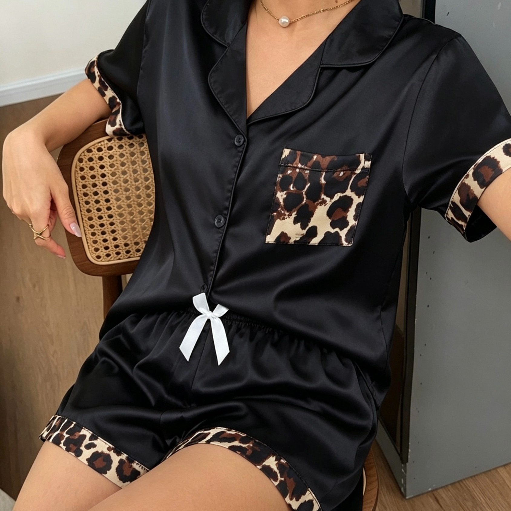 TEMU Casual Short Sleeve Shorts Button Bow Pajama Loungewear 2pcs Set
