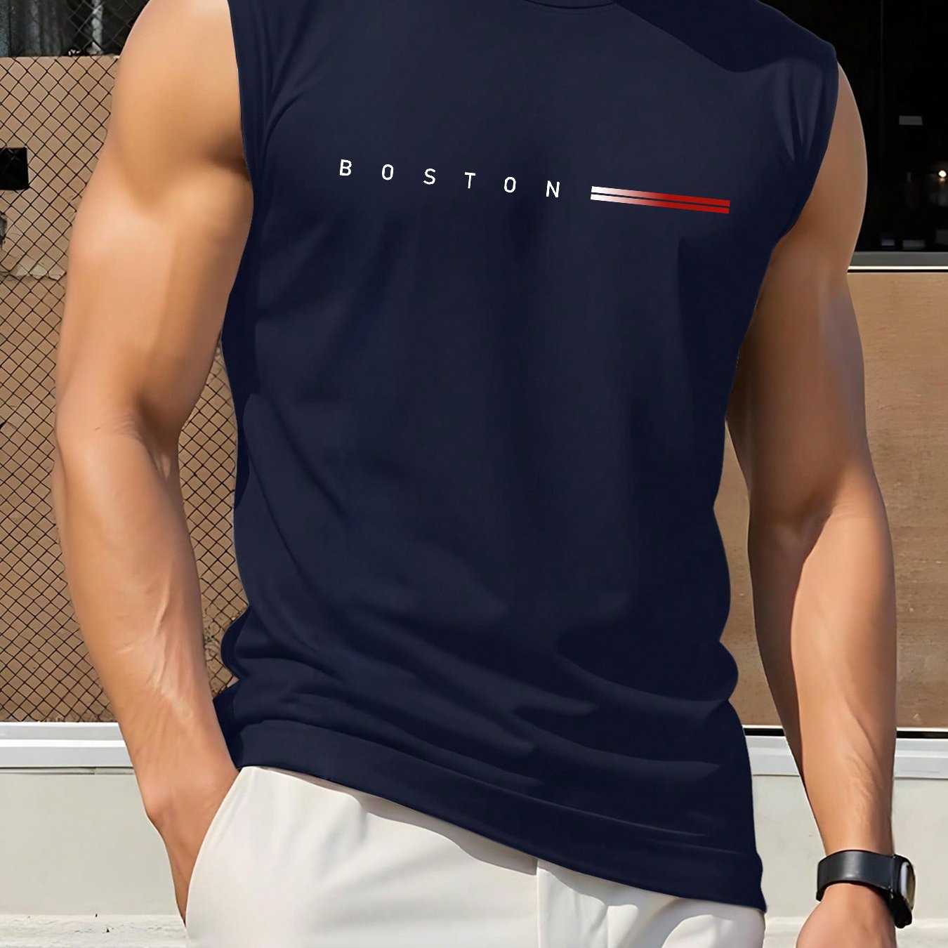 Drop-shoulder Round-neck Vest, 180g, 100% Cotton, "boston Stripe" Print, Summer/ Base Layer, Factory-made, For Men, Comfortable, High-quality, Well-fitting, Casual, Sporty, Luxury