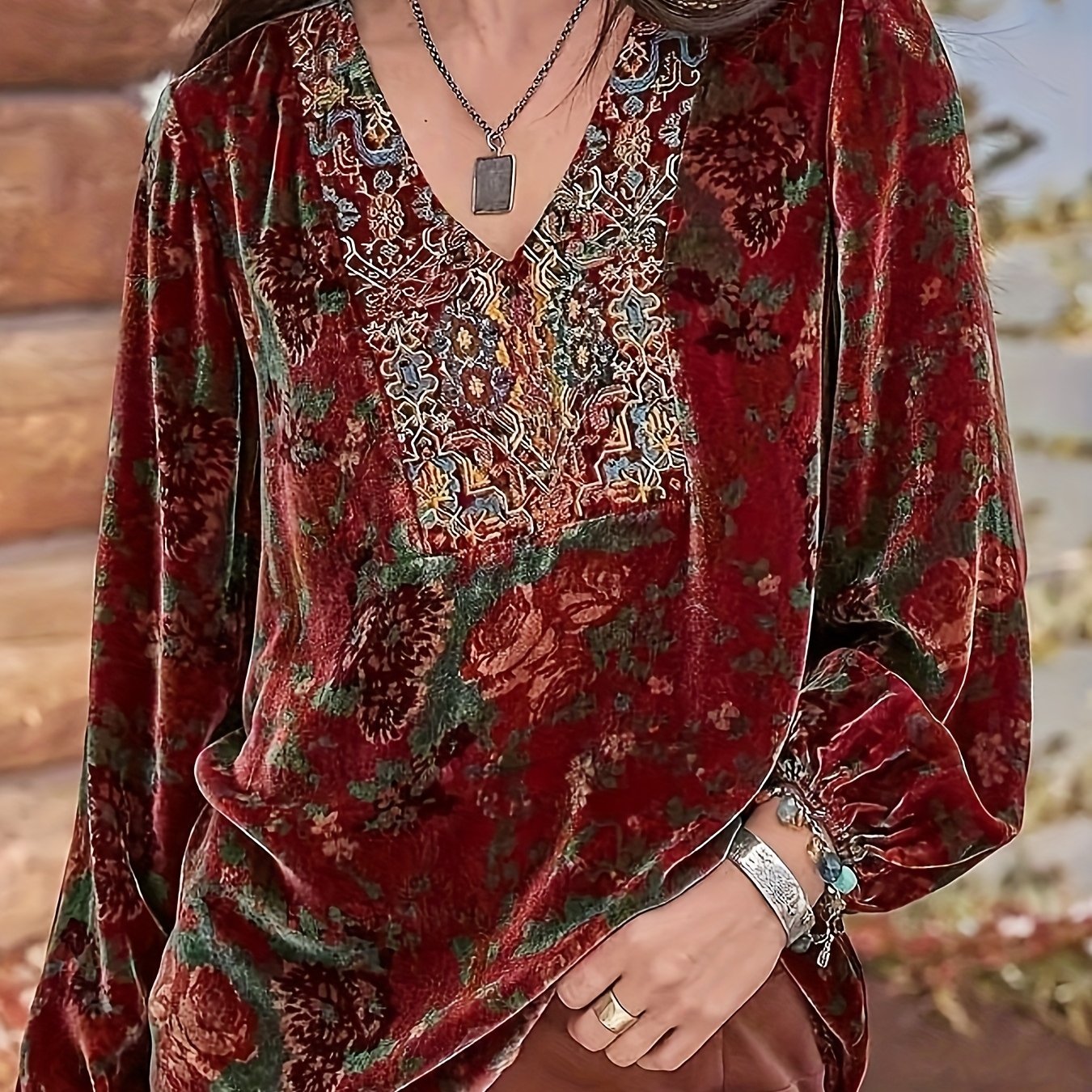 Plus Size - Plus Size - European And American Elegant And Fashionable V-neck Printed Long-sleeved Plus-size Women's Top For Autumn And Winter