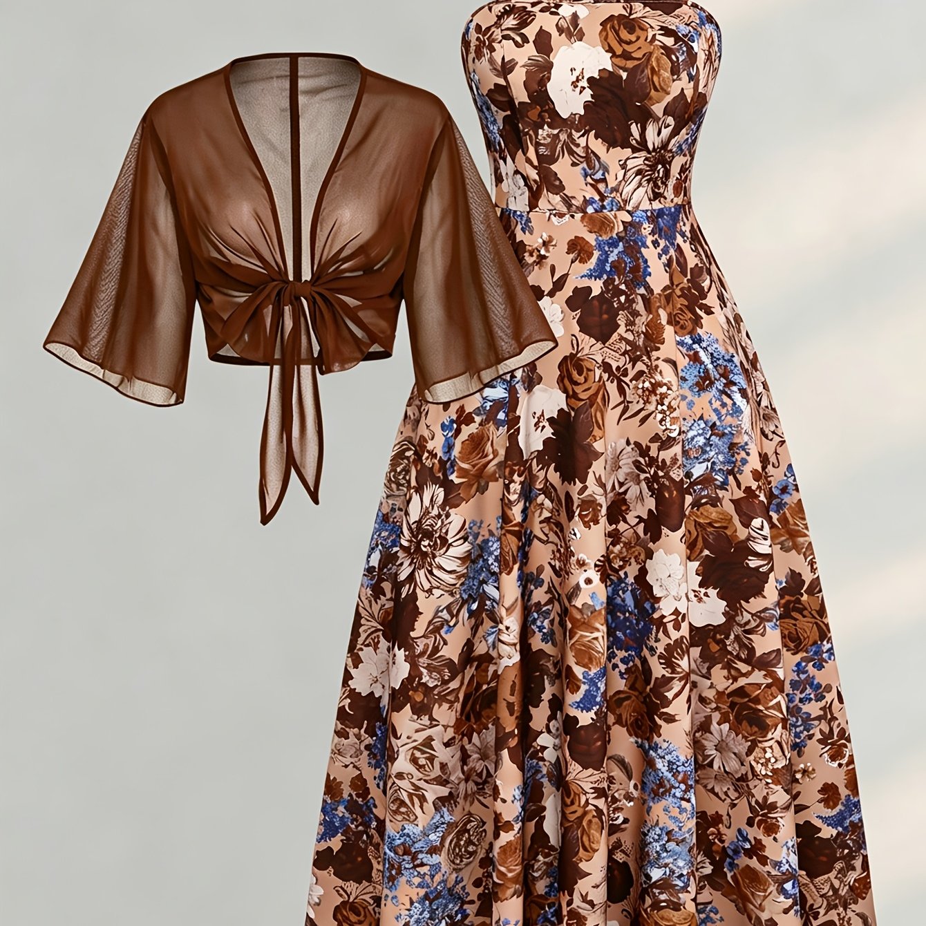 TEMU Plus Size Women' Color Chiffon Cardigan And Trendy Floral Casual Elegant Dress 2pcs Set