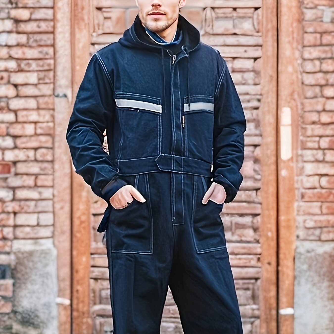 Image of Jumpsuit With Front And Rear Reflective Stripes And Multiple Pockets, Suitable For Car Repairs And Other Work