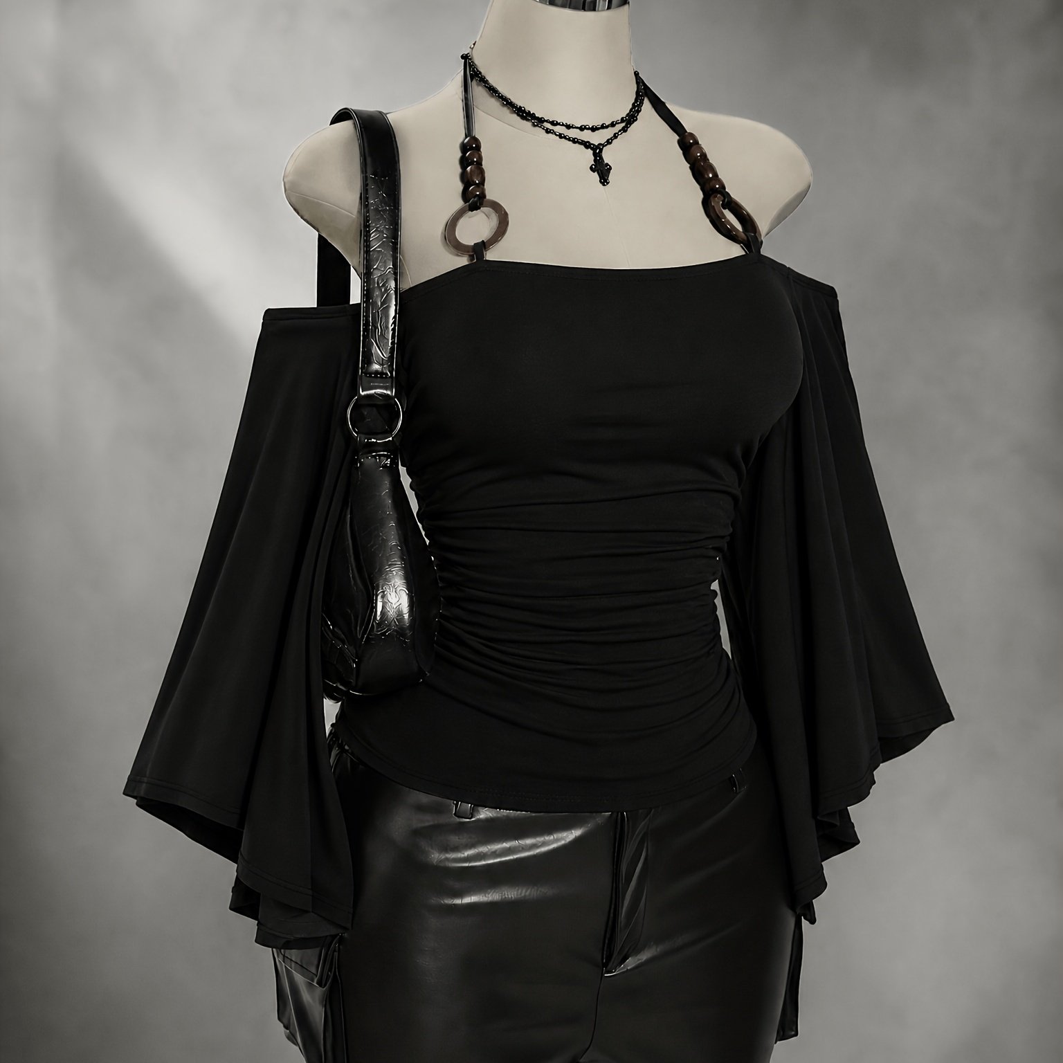 TEMU Vintage-style Off-the-shoulder Long-sleeve Top For Women, Featuring Flared Sleeves, A Cinched Waist, And A Cropped Fit. The Top Is With A Wooden