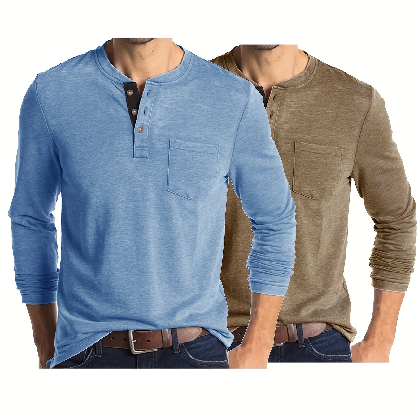 TEMU Joshmei Obm Men's Long Sleeve Crew Neck Henley Shirt Two-pc