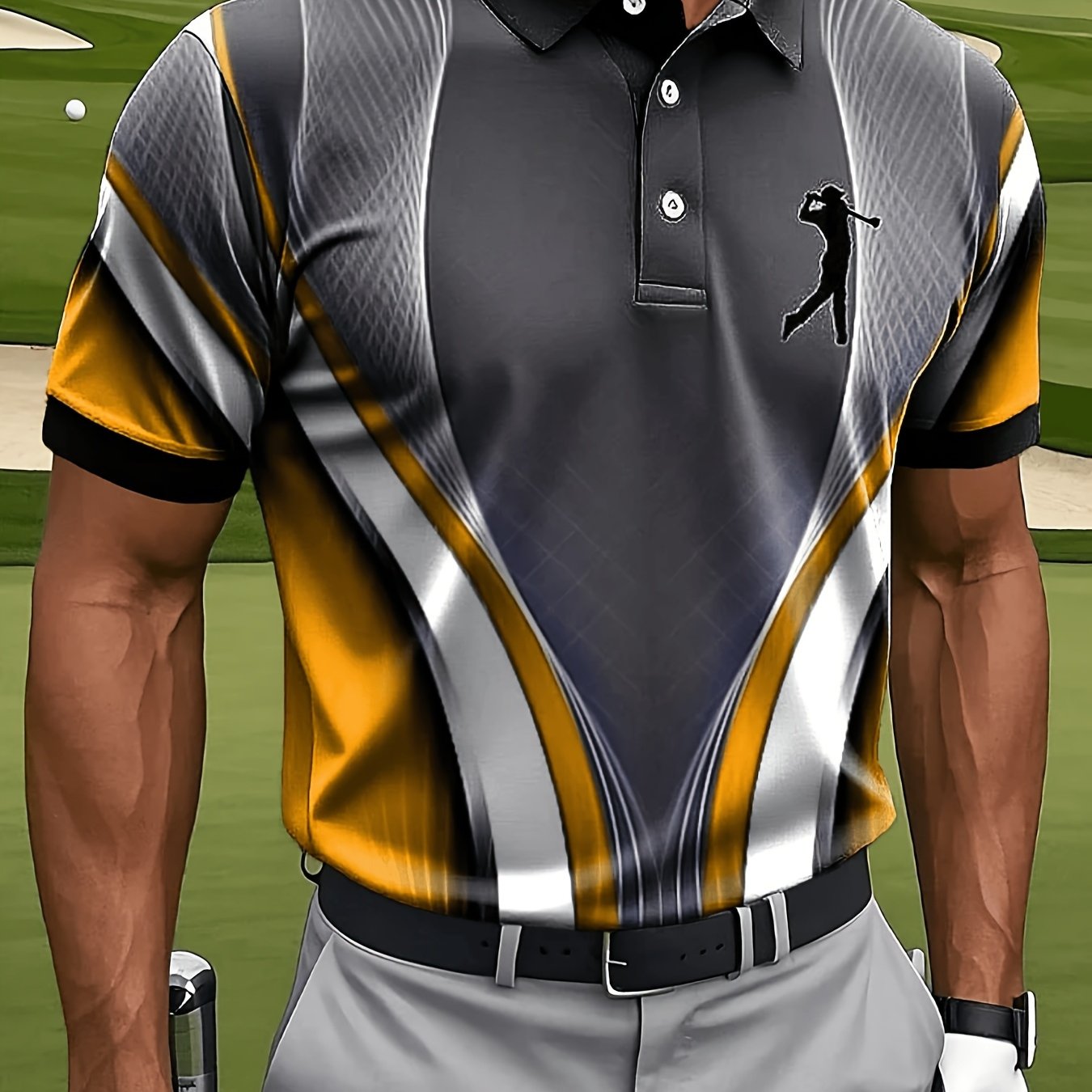 TEMU Print Design - Non-textured Men's Casual Sports Short Sleeve Shirt, Geometric Lines And Golf Pattern Print, Regular Fit, Suitable For Daily