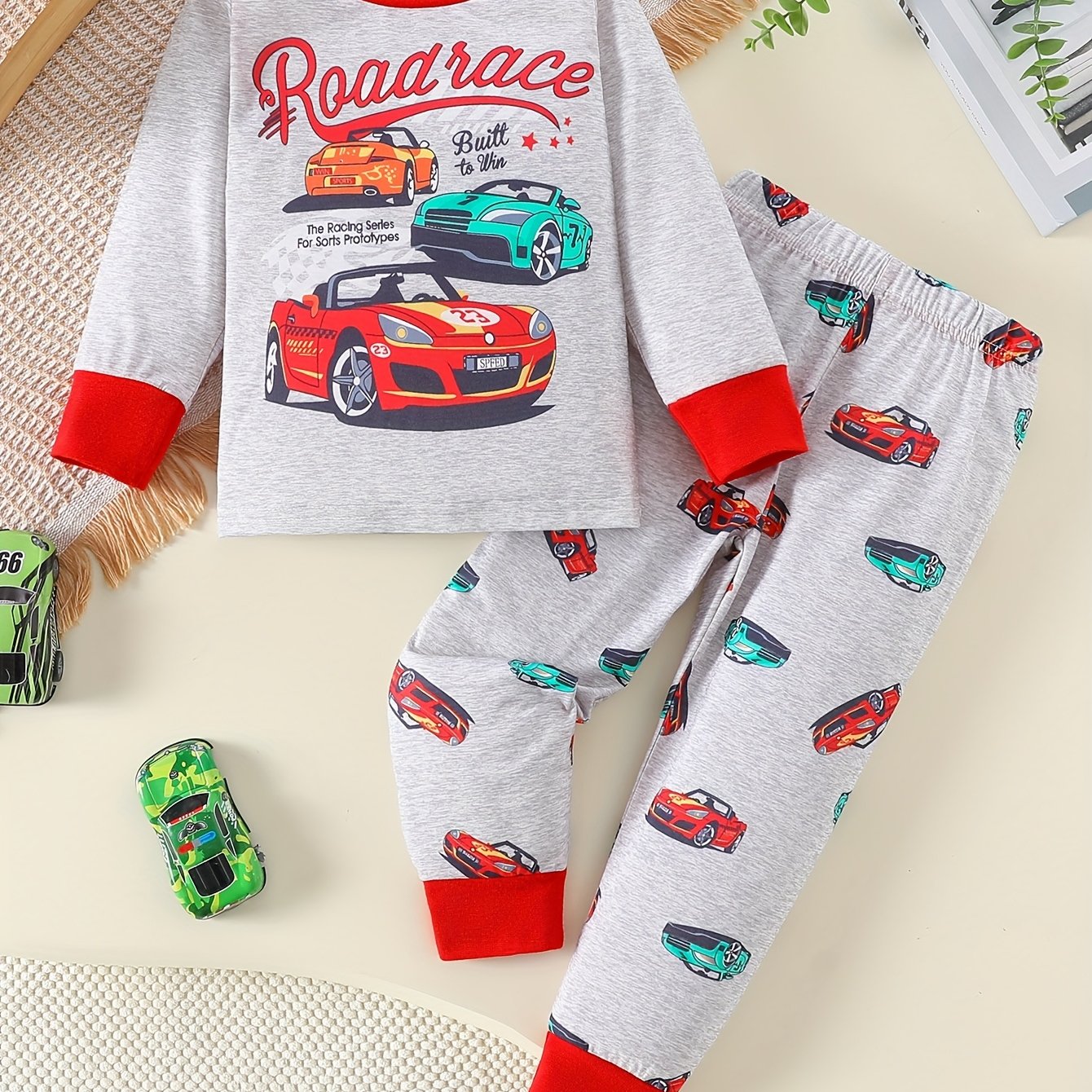 Image of Flame-retardant Fabric Car Print 2pcs Set - Round Neck Long Sleeve Top And Full-print Pants, Comfortable, Soft Boys' Pajama Loungewear Set, Ideal Gift For