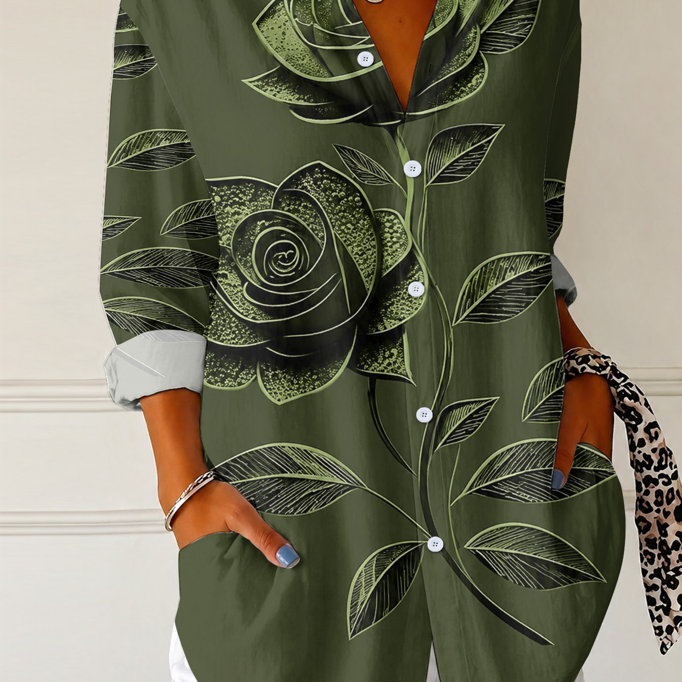 TEMU Plus Size, Printed Design - Not Textured Women's Casual Long-sleeve Shirt, Army Green With Large Rose Print, Lapel Cardigan, Versatile Commuter