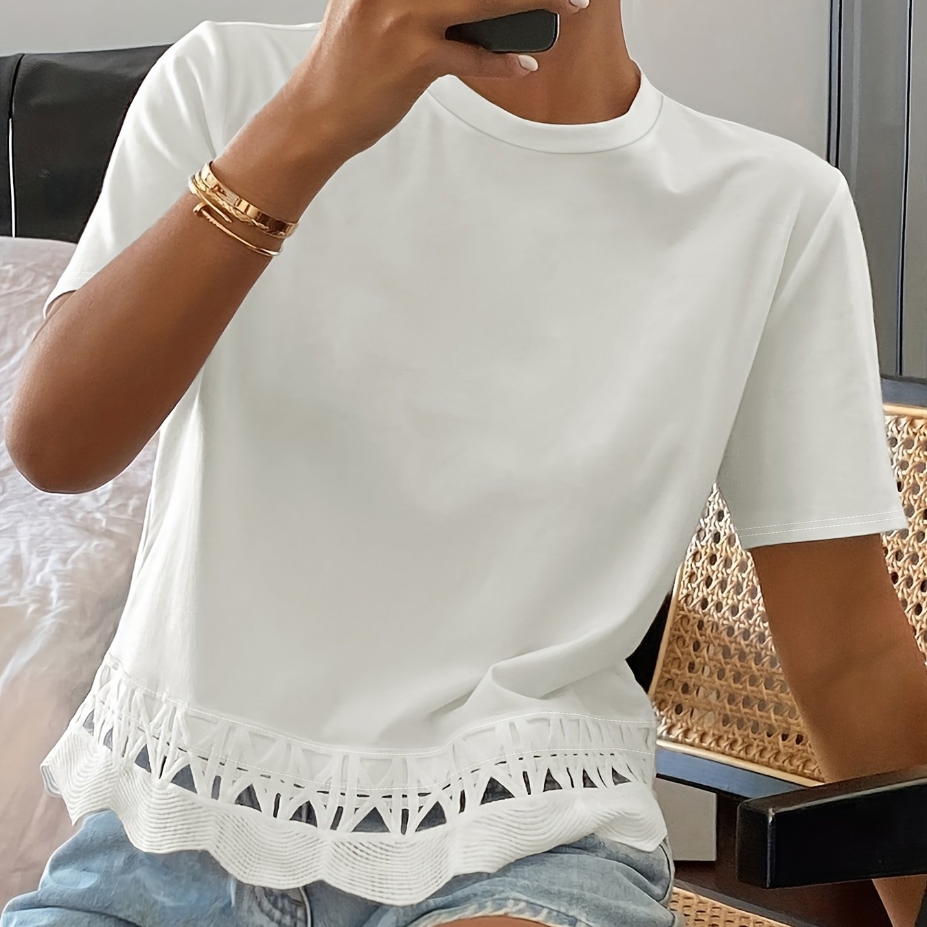E-shop Damen-T-Shirt in Übergröße, einfarbig, lockere Passform, Rundhalsausschnitt, Kurzarm, mit Spitzen-Applikationen, lässiges Sommer-Top, geeignet