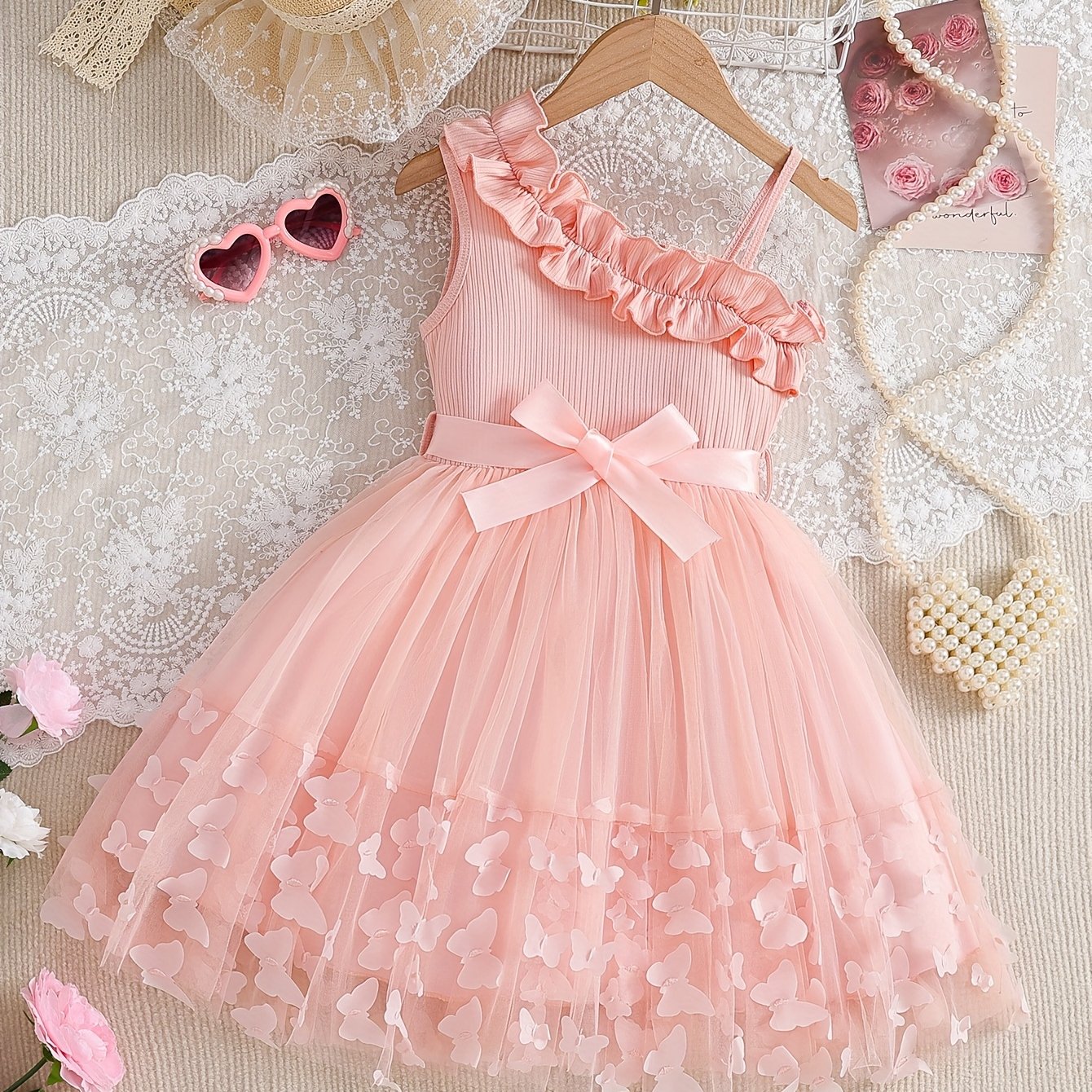 Image of Coviviky Girls' Summer Elegant Dress, 3d Butterflies And Asymmetrical Straps With Bow, Party Princess Dress, Suitable For Casual And Formal Occasions