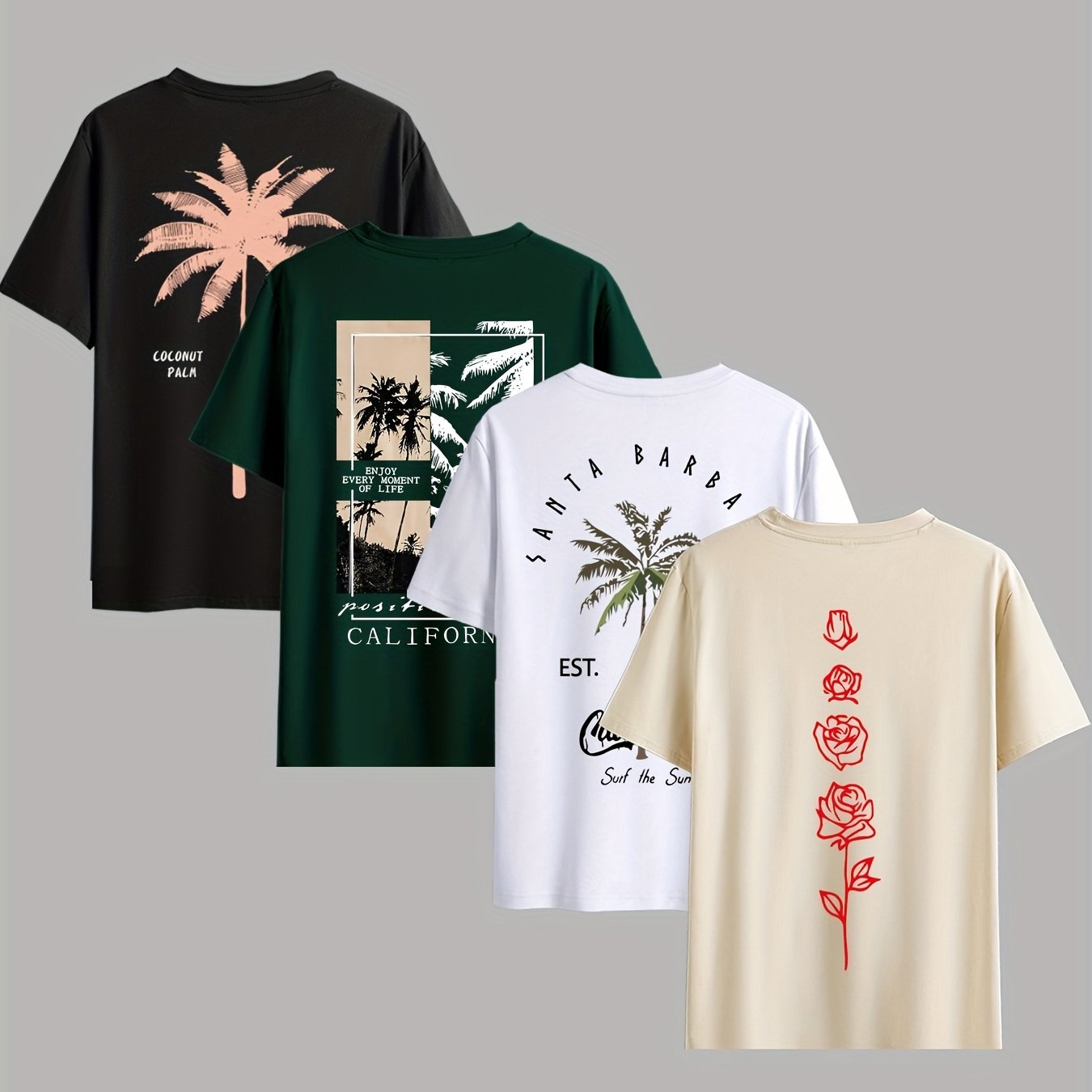 TEMU Fashion Men's Coconut Print Collar Short Sleeve T-shirt, Suitable For Summer , Short Sleeve 4pcs Set