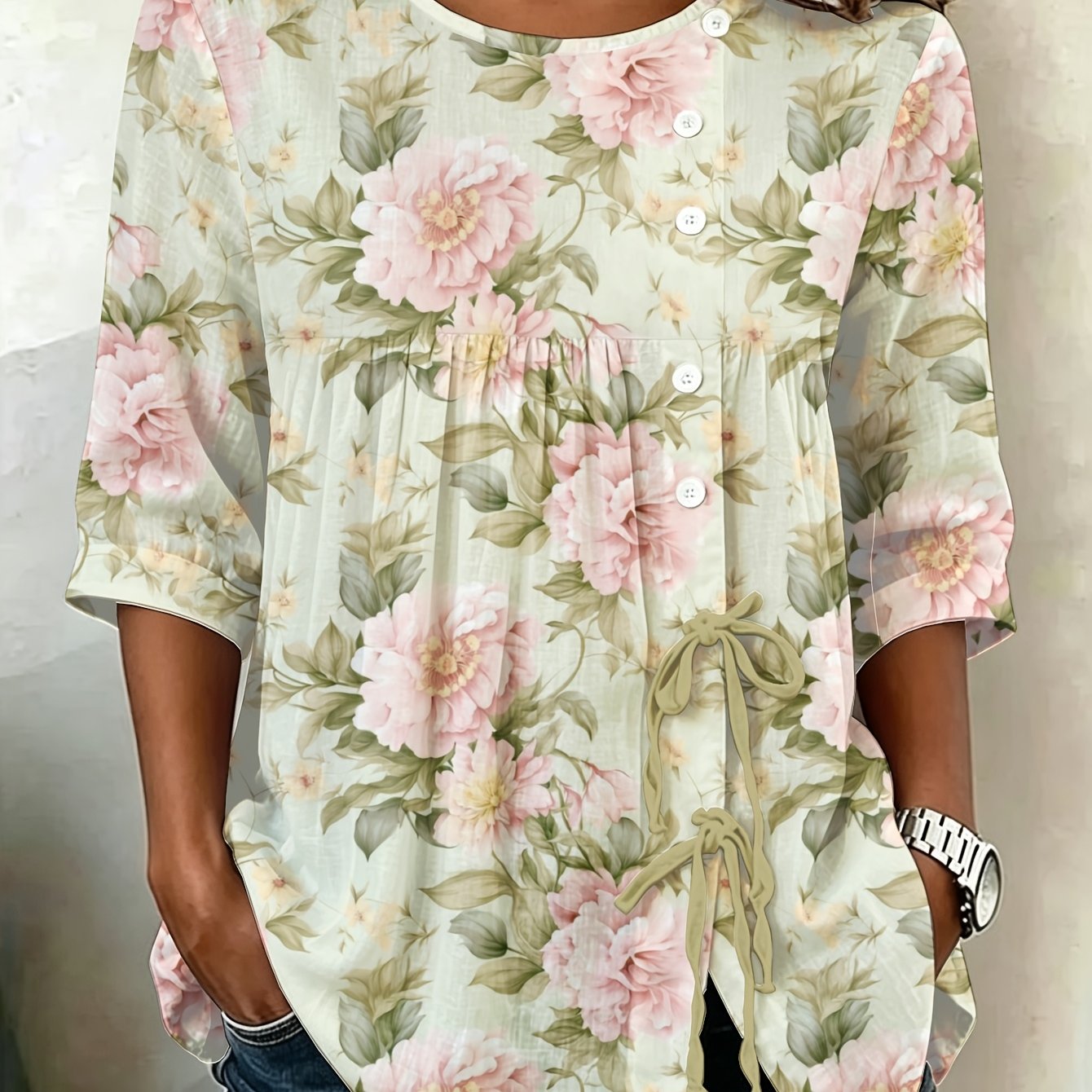 TEMU Plus Size - Peony Floral Print Women's Plus Size Button- Tie Front Top Extra Large Extra Long Essential For Spring Summer Trend High Quality
