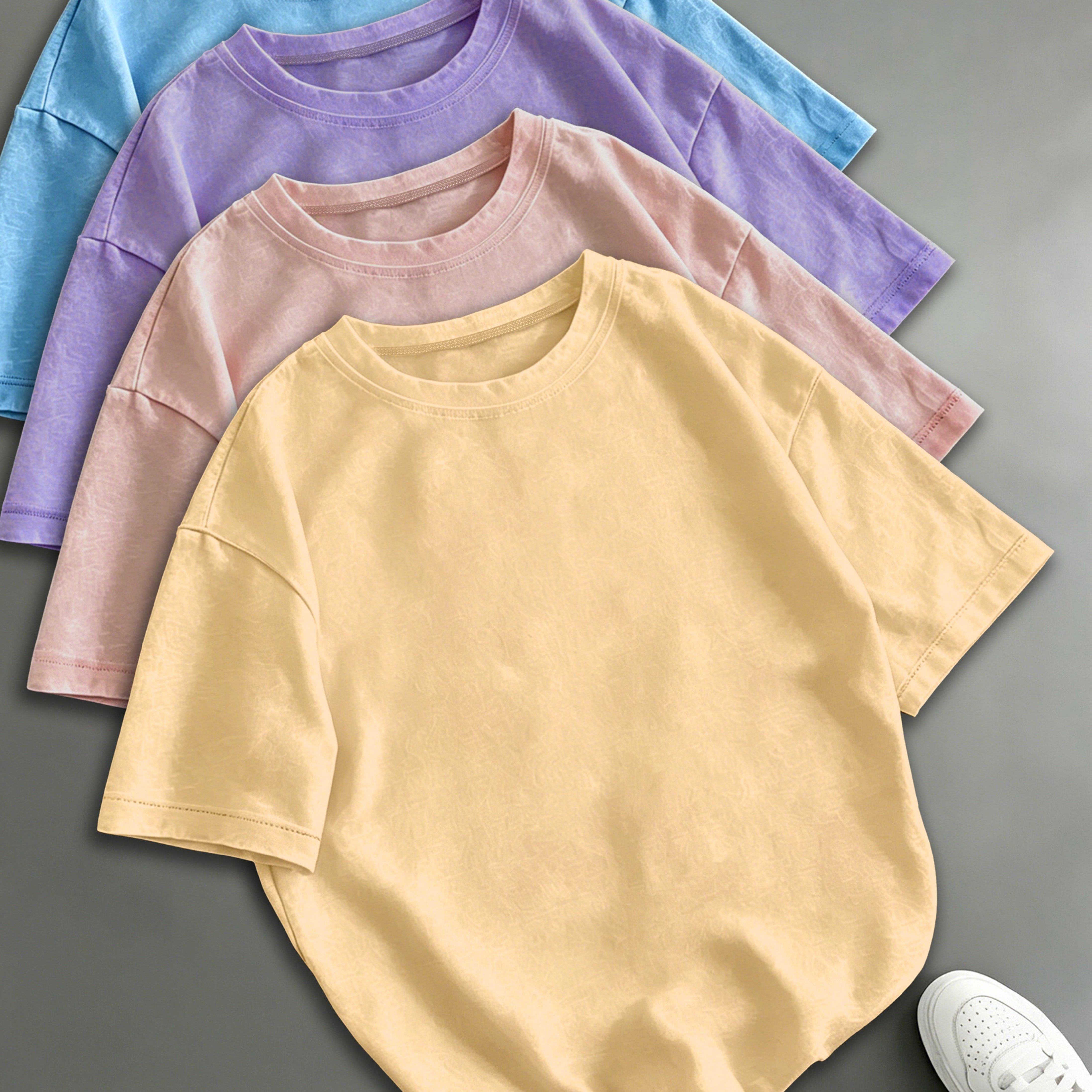 TEMU A 4pcss Set Of Women's Retro Washed Street Style T-shirt With A Loose Round Neck And Short Sleeve. A 4pcss Set Of Solid-color T-shirt With And