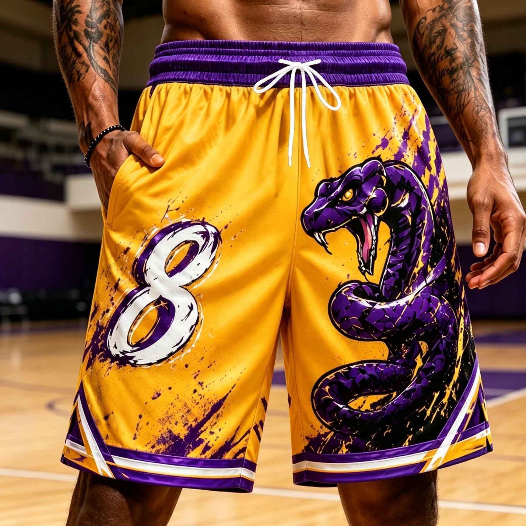 TEMU Men's Fashion New Purple-golden Snake Print Basketball Shorts, Comfortable Fabric Basketball/swim Trunks, Stylish For Daily Commuting, Suitable