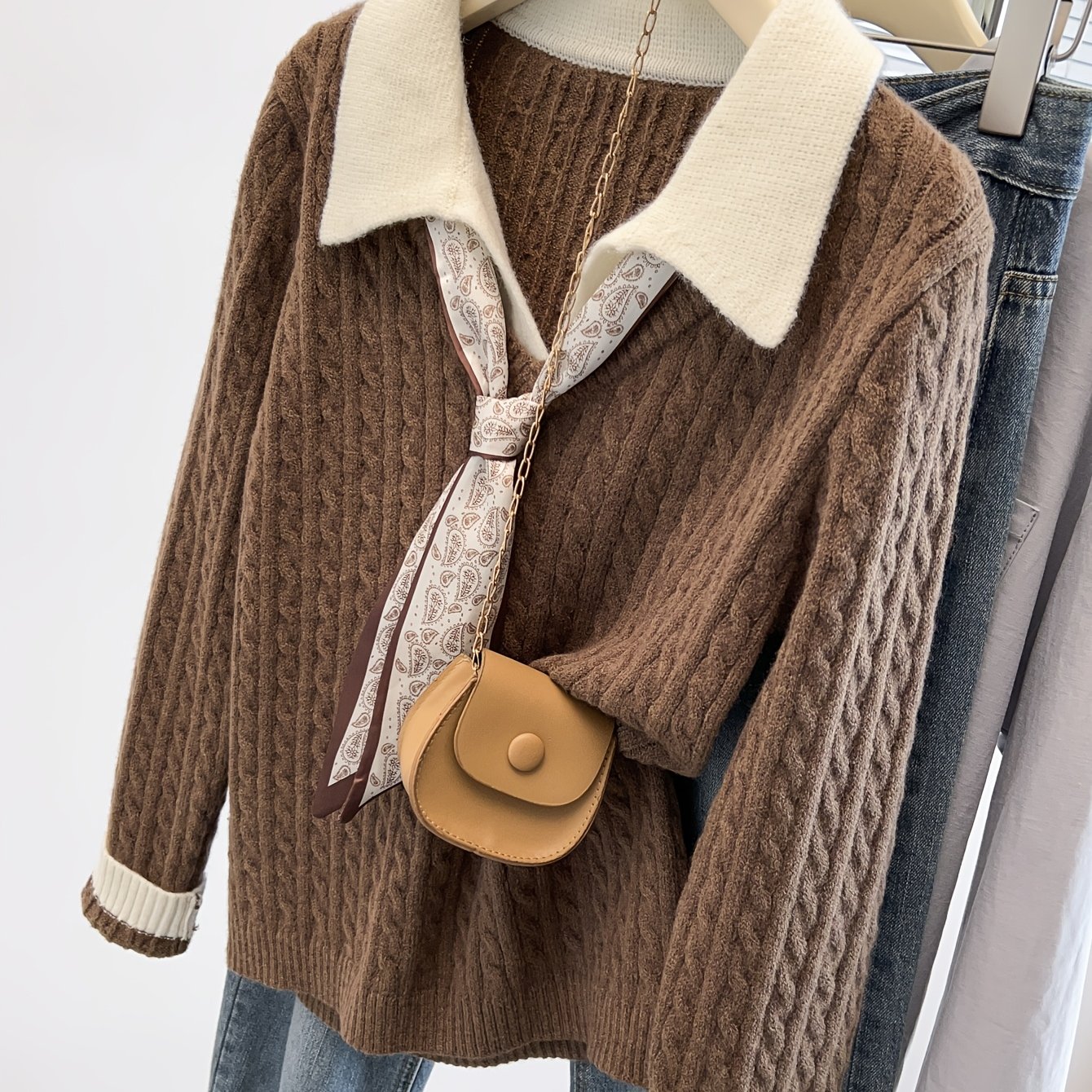 TEMU Pull haut 2-en-1 à col polo, pull-écharpe à et color-block pour femme, automne/hiver, tenue de femme pour quotidiens style preppy vintage