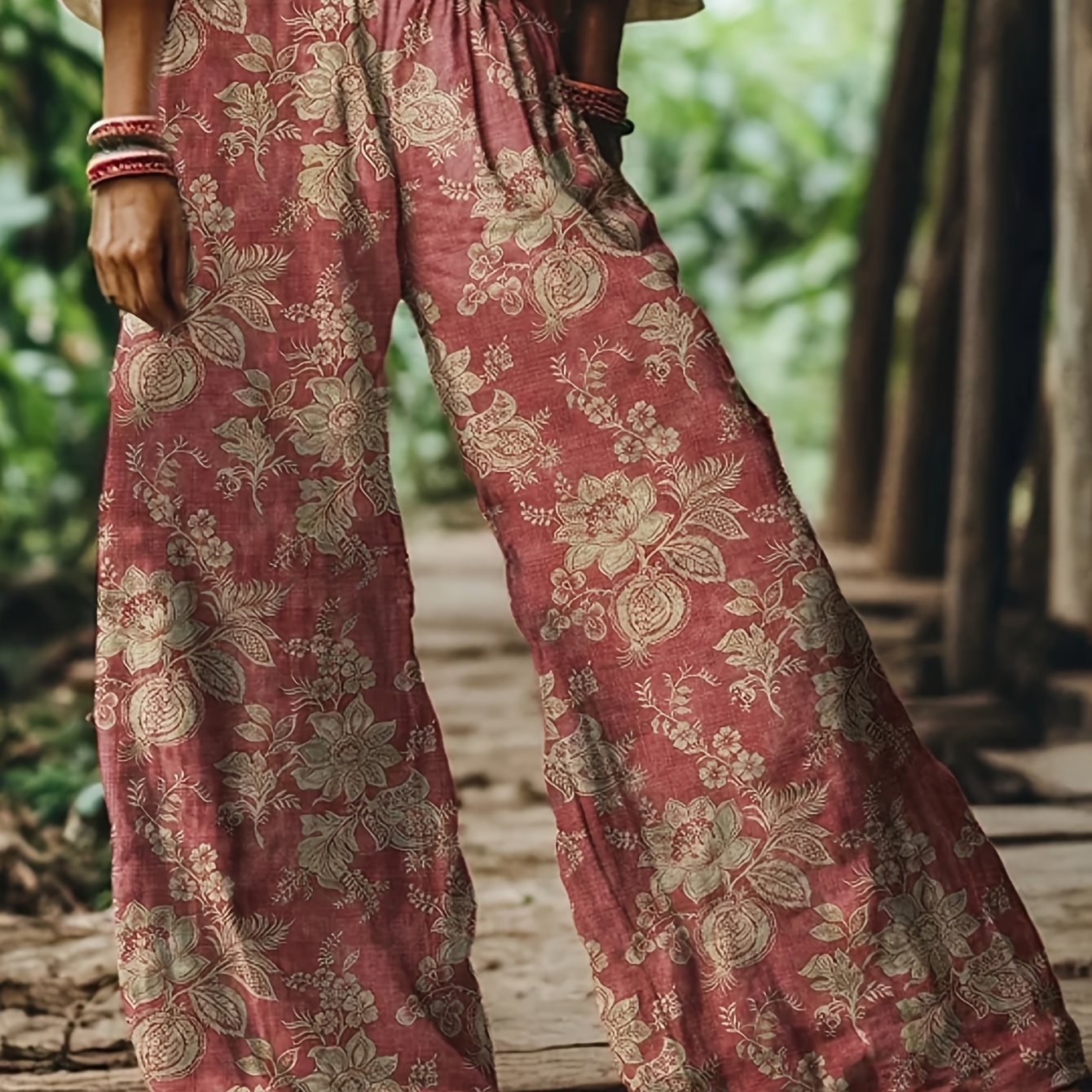 TEMU Women's Spring/summer Burgundy Vintage Floral Print Pastoral Style Wide-leg Elastic Waist Casual Trousers