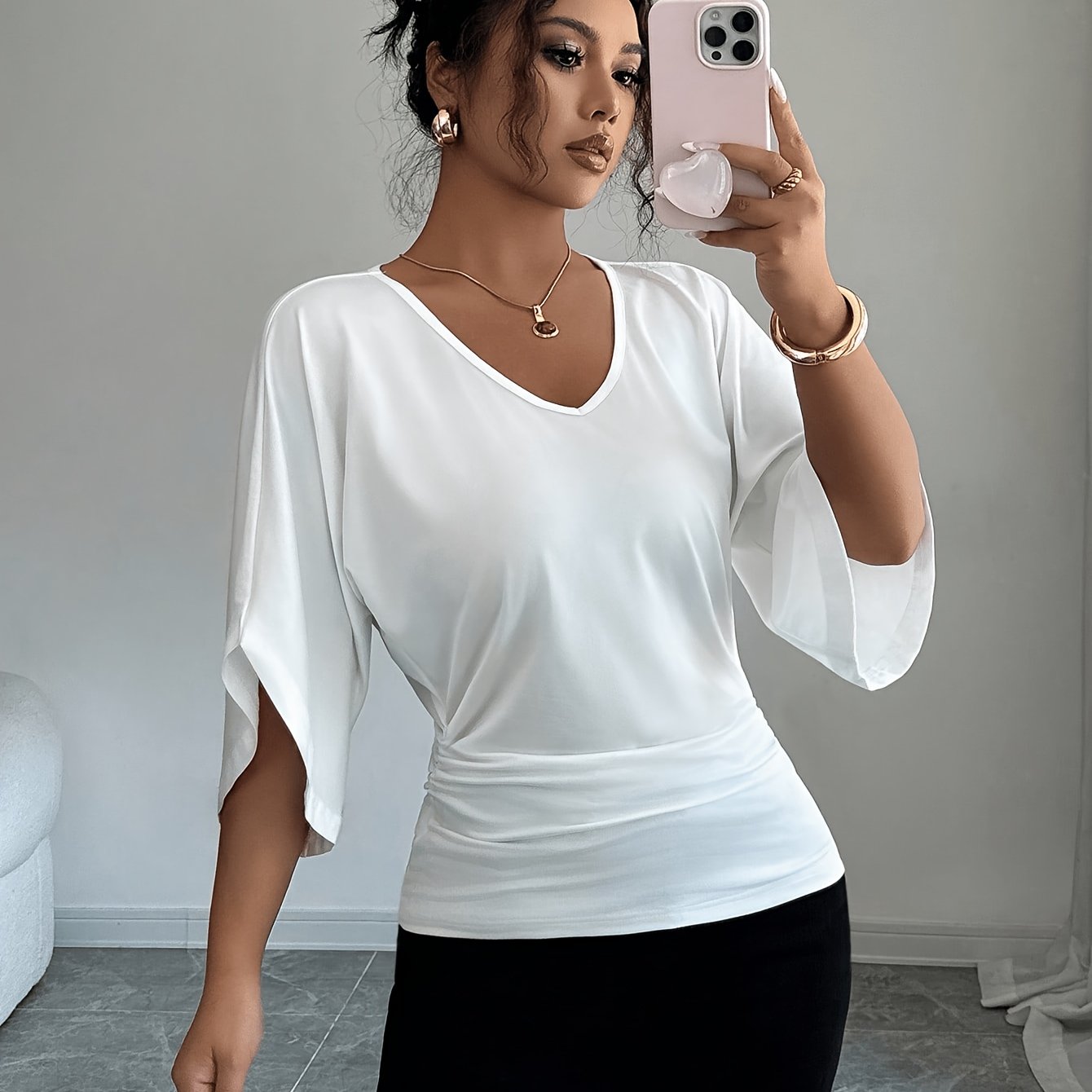 TEMU Plus Size - Women's V-neck Batwing Sleeve Solid Color Short Sleeve T-shirt