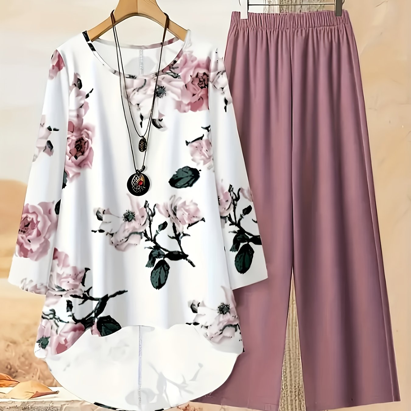 Image of Gavin's Developed European And American Women's 2pcs Set, A New Style, Features A Round-neck Long-sleeve T-shirt With A Short-front, Long- With Plant-print Trousers