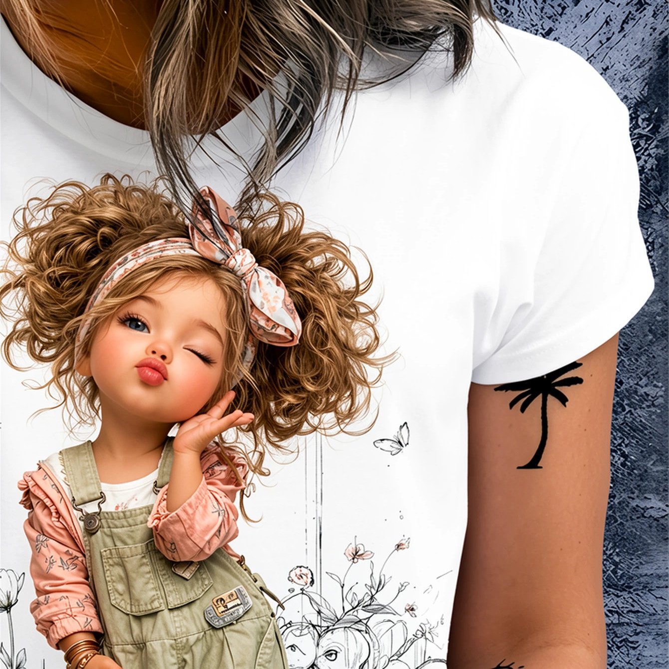 Image of Cute, Retro, , Floral Print White Crew Neck Short-sleeved T-shirt For Women With Curly Hair. Wear, Casual , Commuting, Dates, And More