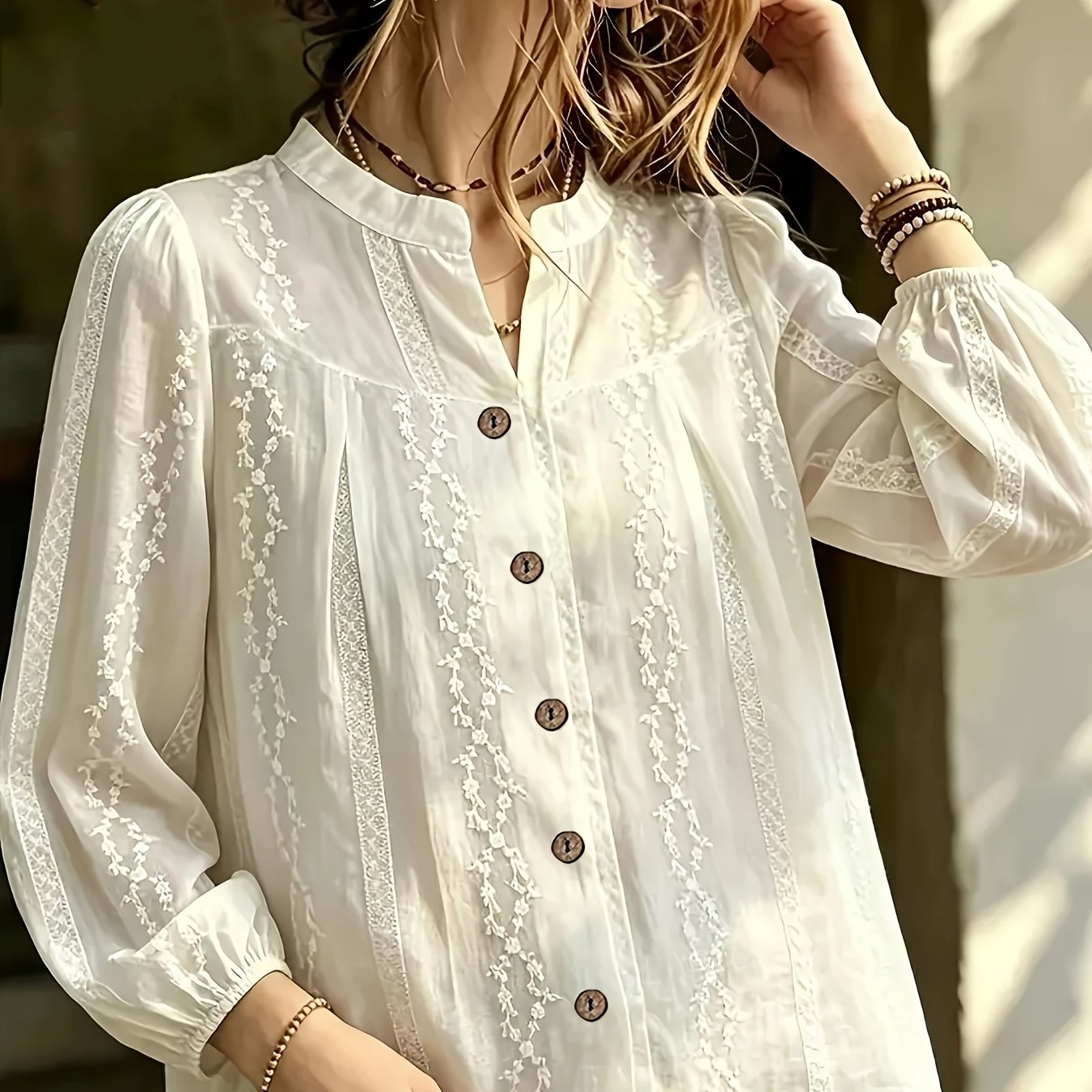 TEMU Embroidered Cut-out Long Sleeve Shirt For Women, /autumn Style, Loose Fit Look, Stand Collar, Puff Sleeves, Versatile And Elegant Top