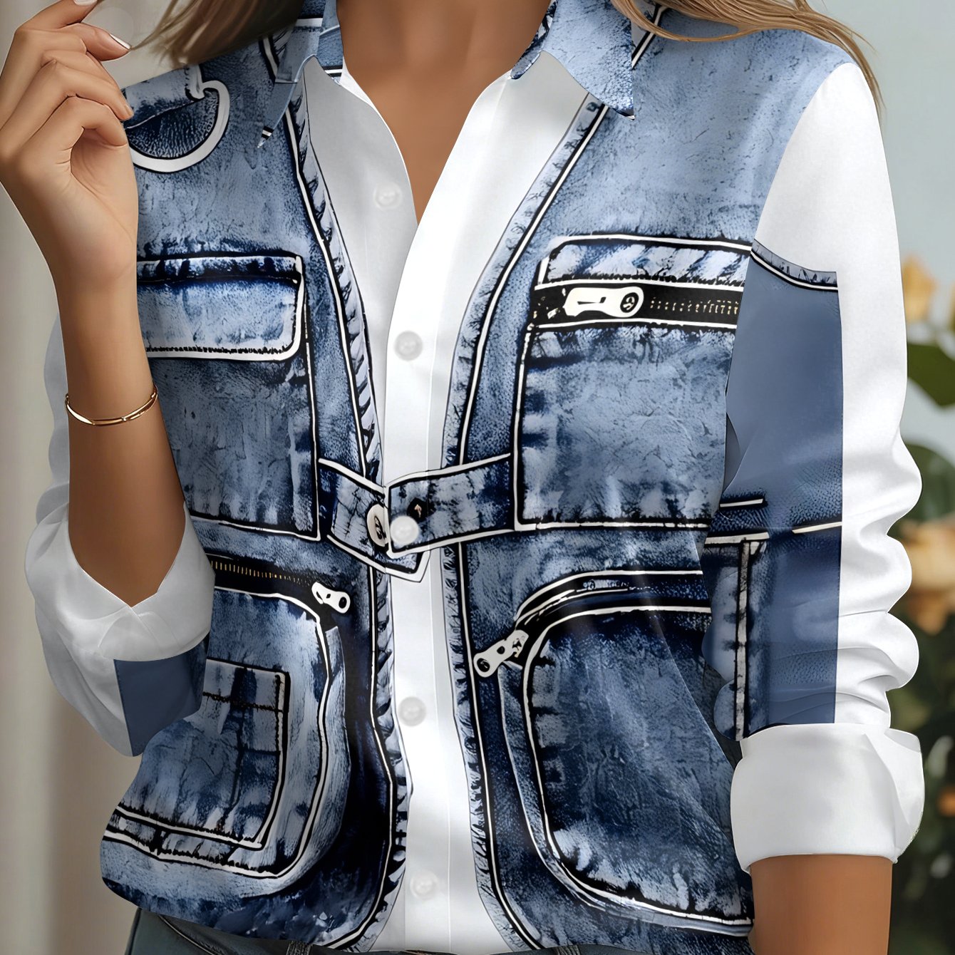 TEMU Nouveau gilet en jean à manches longues pour femme avec multi-poches, motif à l', haut décontracté polyvalent pour les quotidiens, lavable en