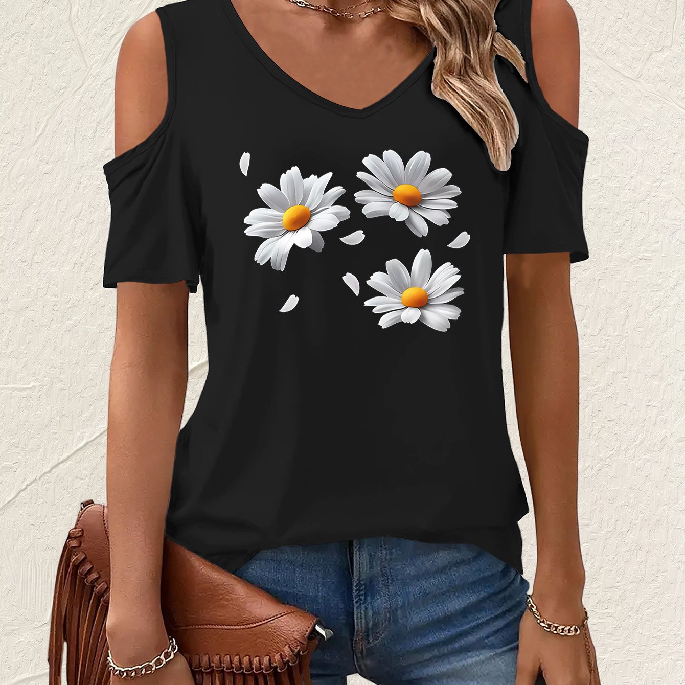 TEMU T-shirt con Stampa , Maglia Casual a Maniche Corte con Scollo a V per Estate e , Abbigliamento Donna
