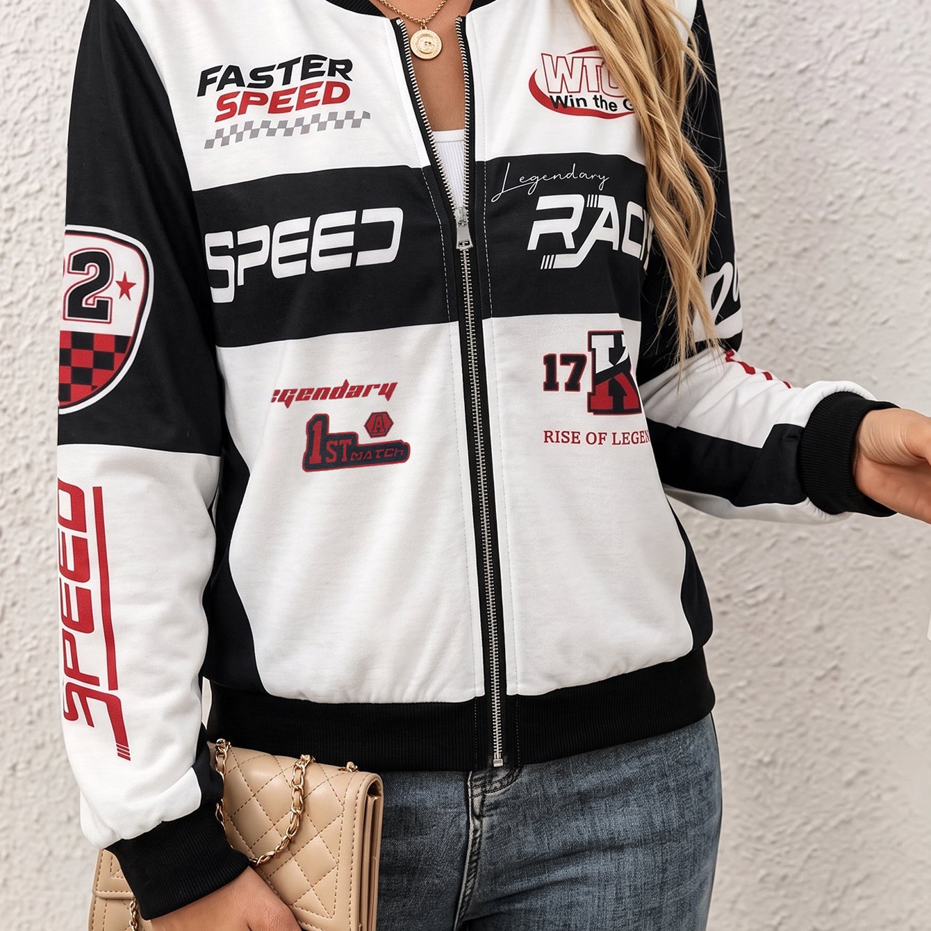 Image of Plus Size, Elegant Directional Autumn And Winter Blocking Splicing Letter Printed Plus Size Jacket, Zipper Design, Suitable For Daily Wear, Going Out, Plus Size Jacket, Plus Size Jacket