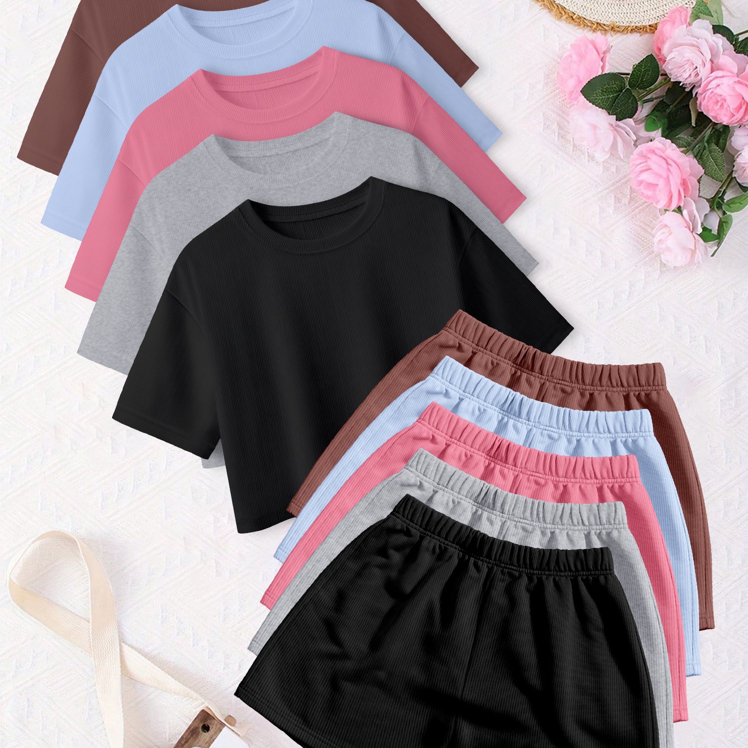 TEMU 10pcs Women's Spring/summer Casual Top And Pants Set With Round Neck Short Sleeve T-shirt   Comfortable Athletic Home Shorts - D10 k8-10pcs
