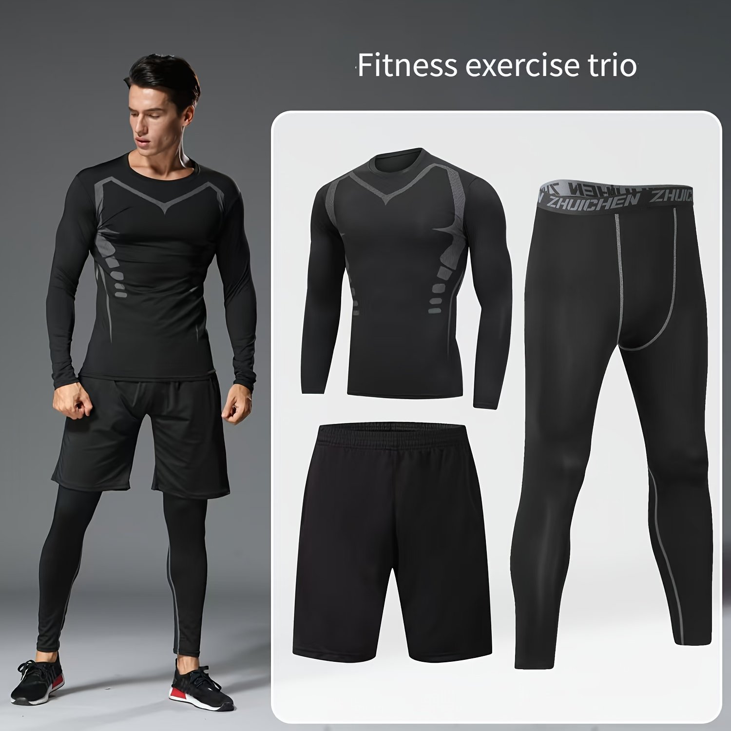 E-shop Herren Sportanzug, Lauf- und Fitnessbekleidung, Schnelltrocknendes Frühlingsoutfit, Enganliegende Ausrüstung, Morgenlauf-Nachtlauf-Training,