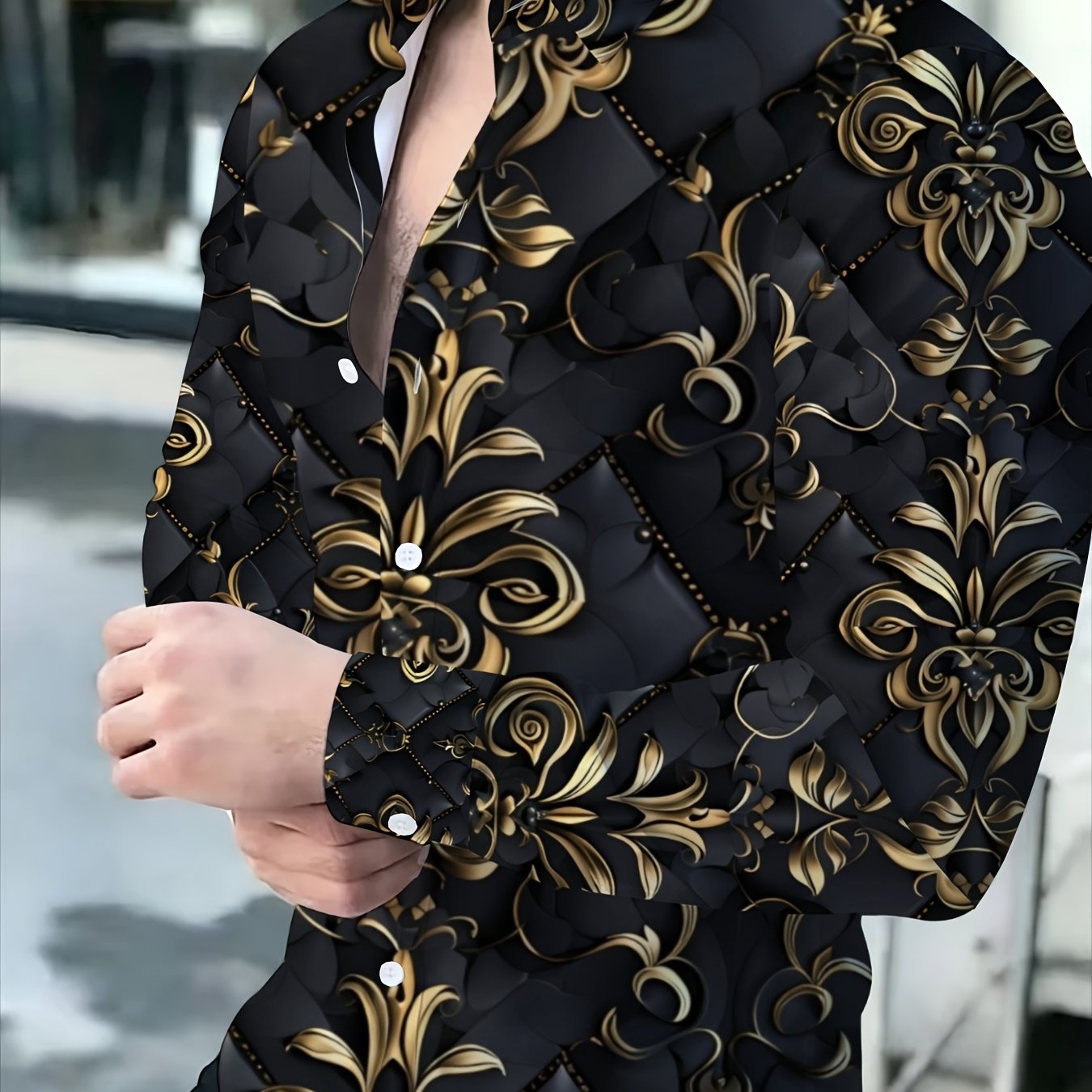 TEMU Elegant Black And Golden Floral Shirt For Men, Perfect For Formal Events And Evening Wear, Lightweight And Comfortable Design With Classic