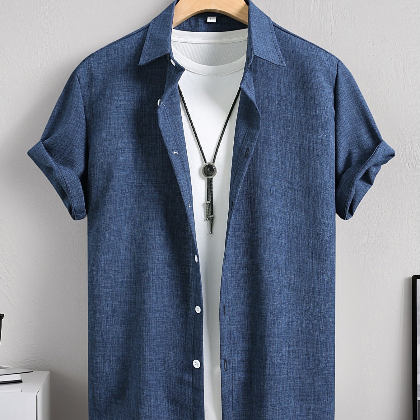 TEMU 【商品名】夏 メンズ ファッション アウトドア カジュアル 厚手 竹 レーヨン レーヨン風 ターンカラー 無地 半袖 ボタンアップ シャツ