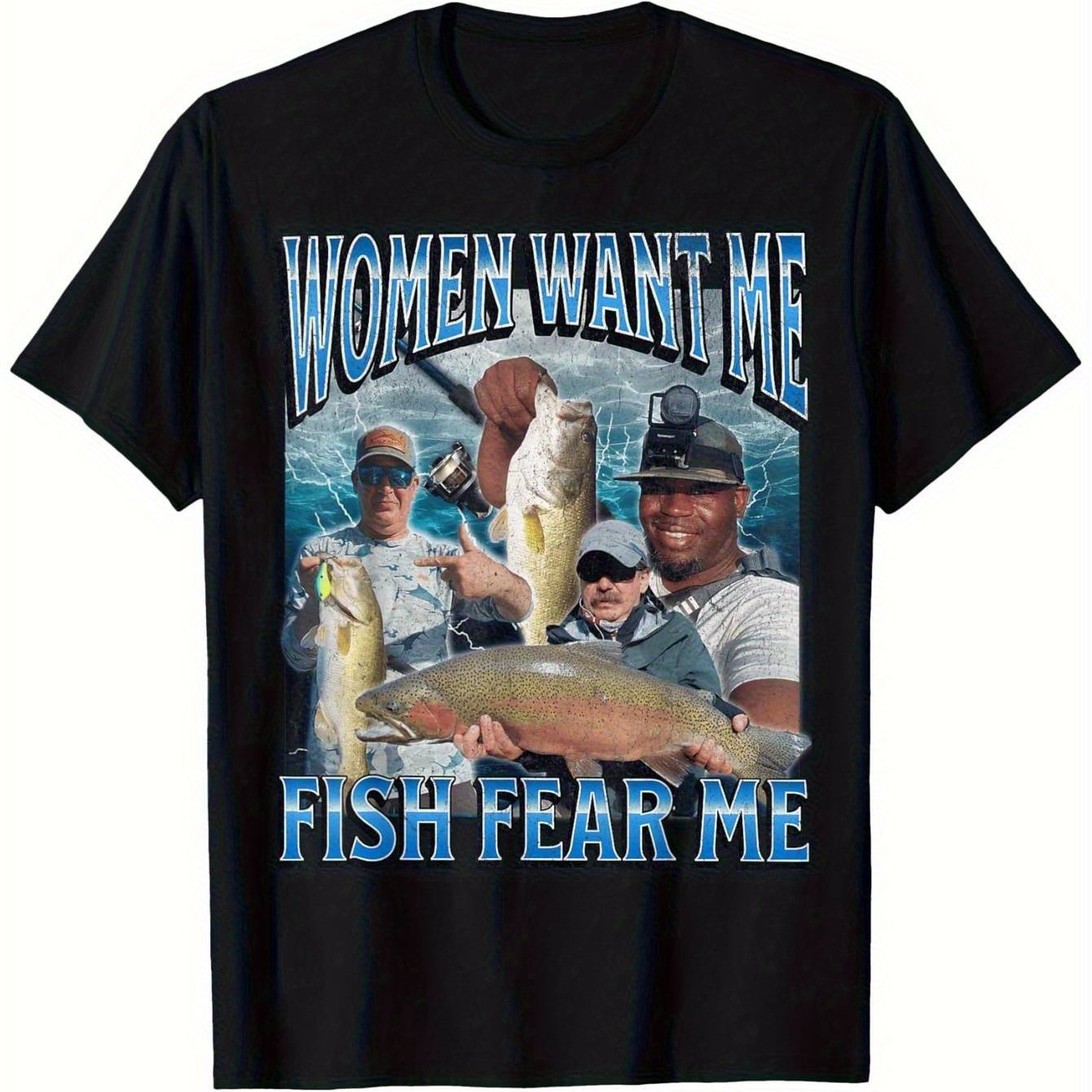 TEMU Humorous Fishing Pattern T-shirt - Unisex Black Short Sleeve, Single-sided Print, Perfect For Birthdays, Holidays, And , Comfortable Wear