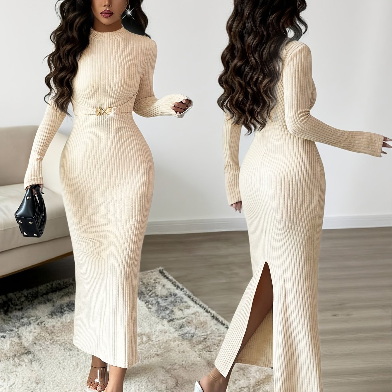 TEMU Directional Wy260622026 Metal Accessory Small Pit Strip Fabric Round Neck Long Sleeve Solid Color Slit Women's Dress, Suitable For Holidays,