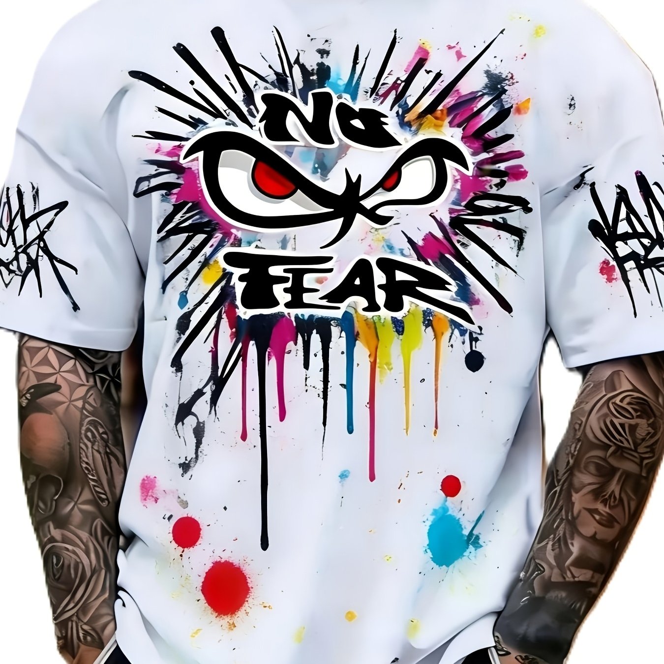 TEMU New Summer Men' Short-sleeve T-shirt Featuring A "" Red- Cartoon Graphic Printed On The Front, Surrounded By Colorful Ink-splatter And