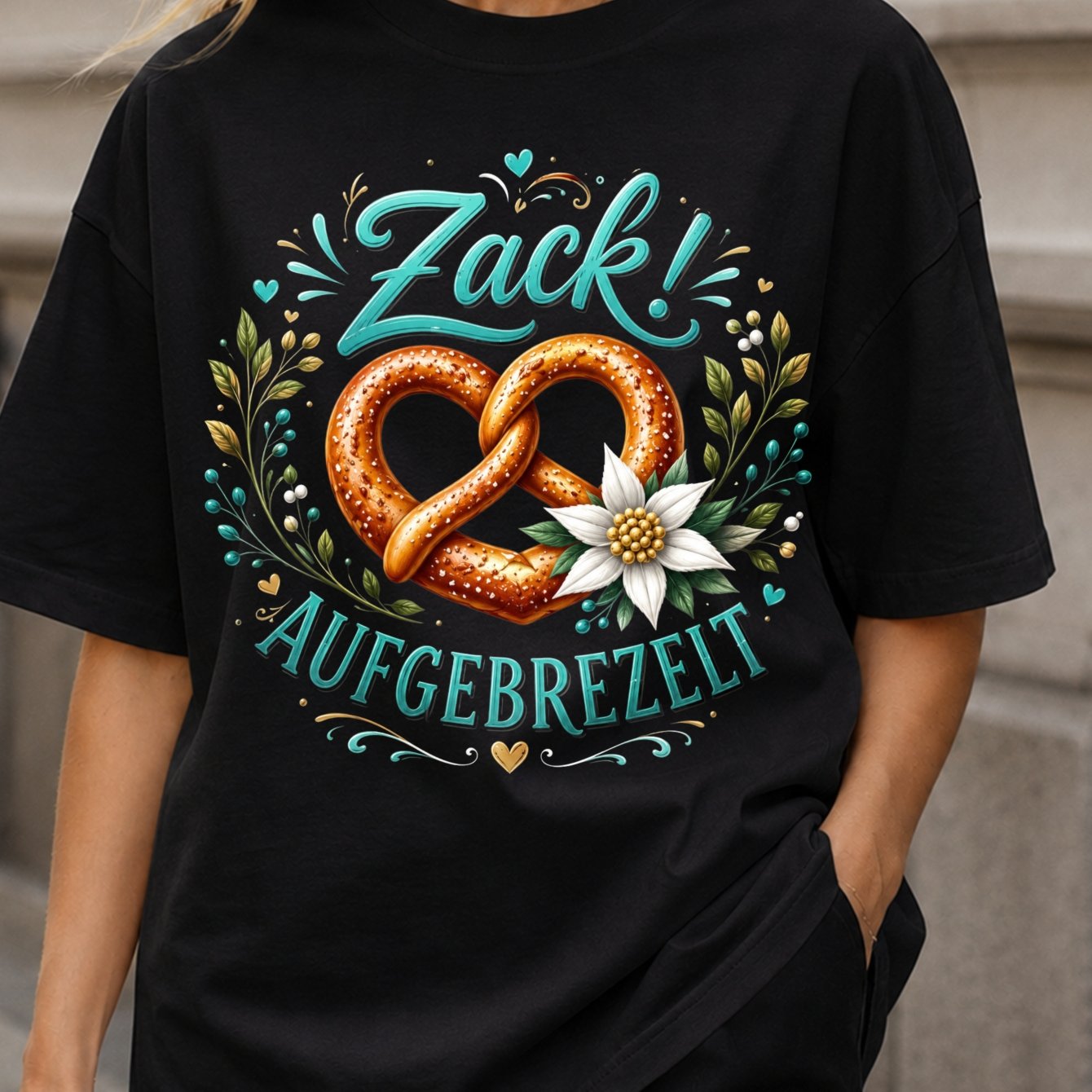Pretzel Graphic T-shirt Style Pretzel Flower Leaves Hearts And Decorative Lettering Women's T-shirt