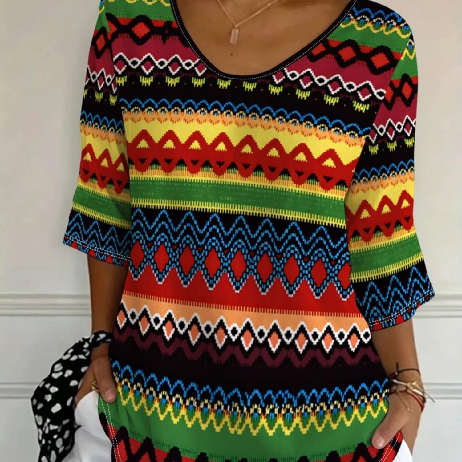 TEMU Plus Size Women's Top, , Mixed Colors With Vibrant Ethnic Stripes, Fabric, Fashionable And Festive, Suitable For Daily Wear And Parties,