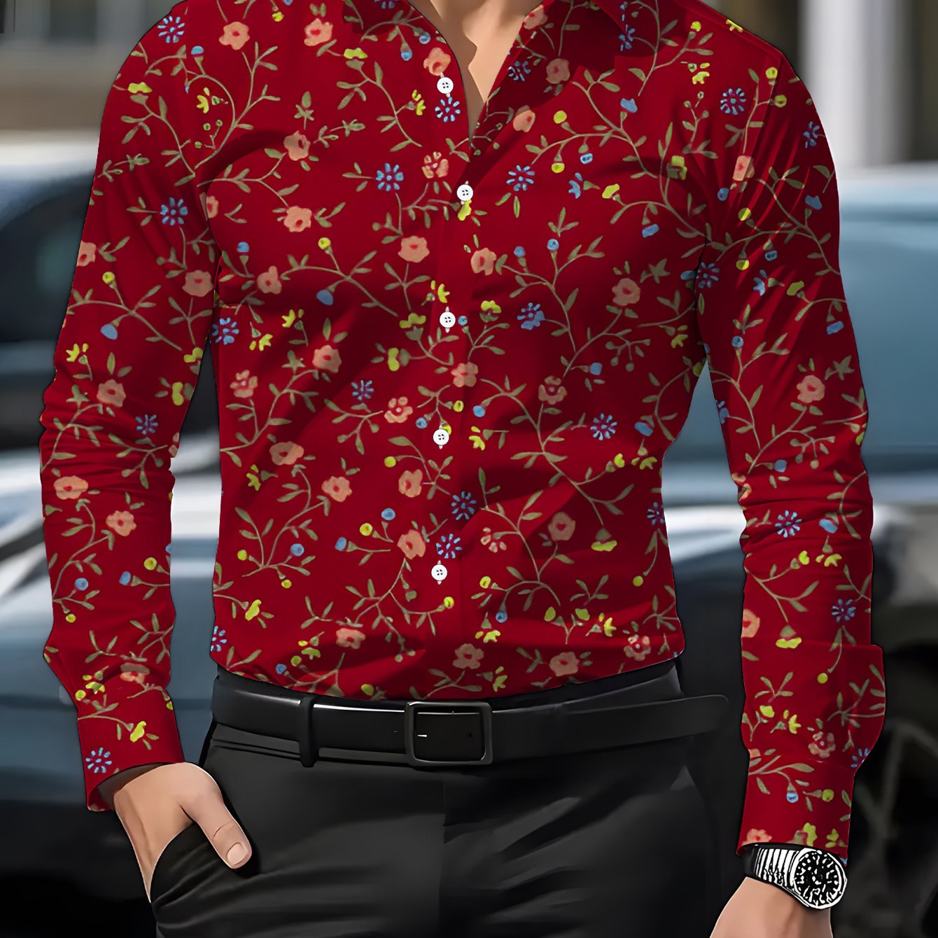 TEMU Men's Long-sleeve Shirt With Floral Prints, Colorful Small Flower Patterns For, Wine Red Warm- Men's Shirt, Soft And Comfortable 3d Casual Shirt