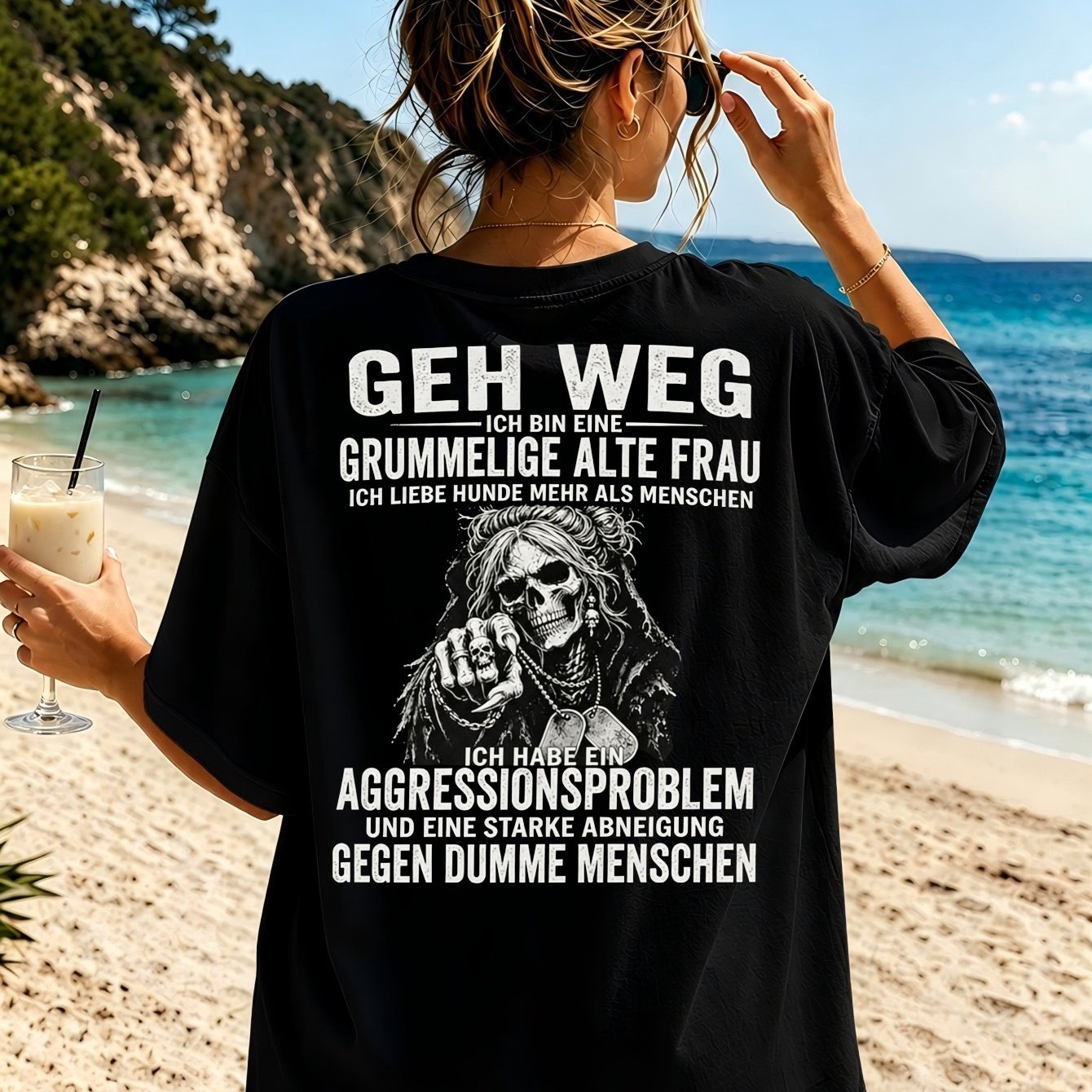 Image of Women's German "geh Weg" Skull & Distressed Back Print T-shirt - "old Woman" & Problem Graphic, Casual Fit Suitable For Dog Lovers, Machine Washable Statement Tee