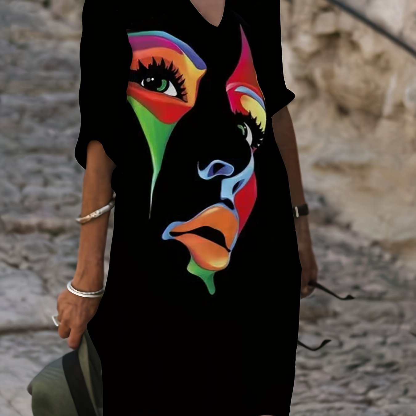 Women's Loose Fit Casual Three-quarter Sleeve V-neck Holiday Vintage Style Dress, Spring/summer Dress, Women's Clothing