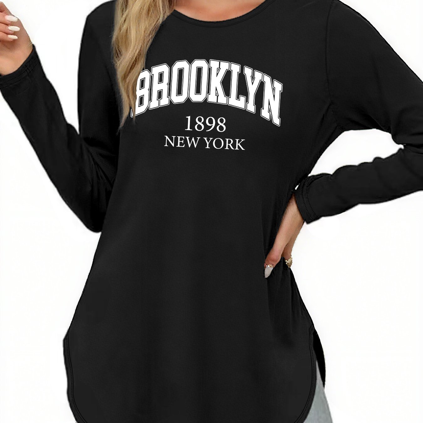 TEMU (063#) Women's Spring/autumn Casual Long Sleeve T-shirt, Letter Print Long Sleeve T-shirt, Round Neck Loose Slit Hem Casual Top